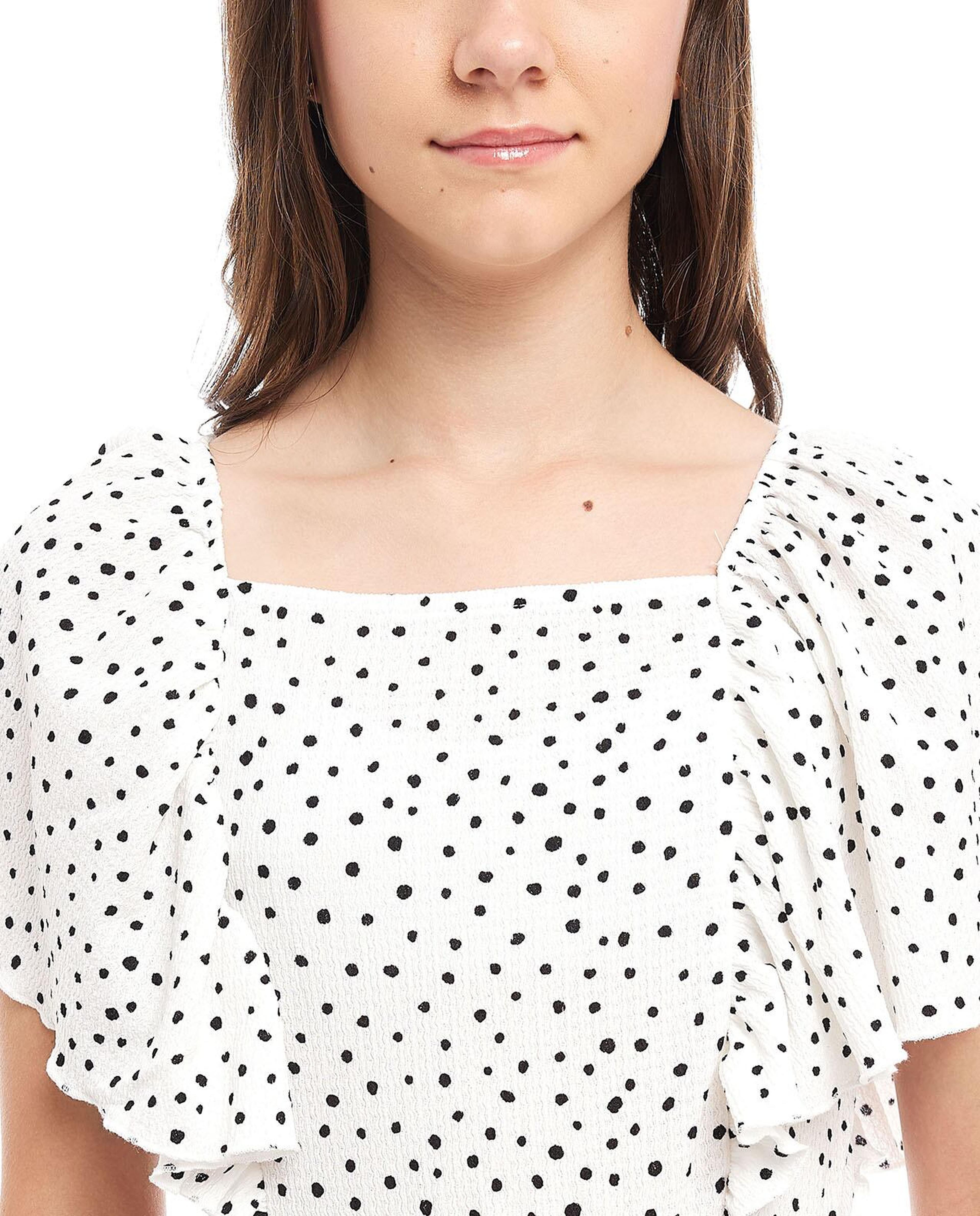 Polka Dots Fit and Flare Dress with Square Neck and Flutter Sleeves