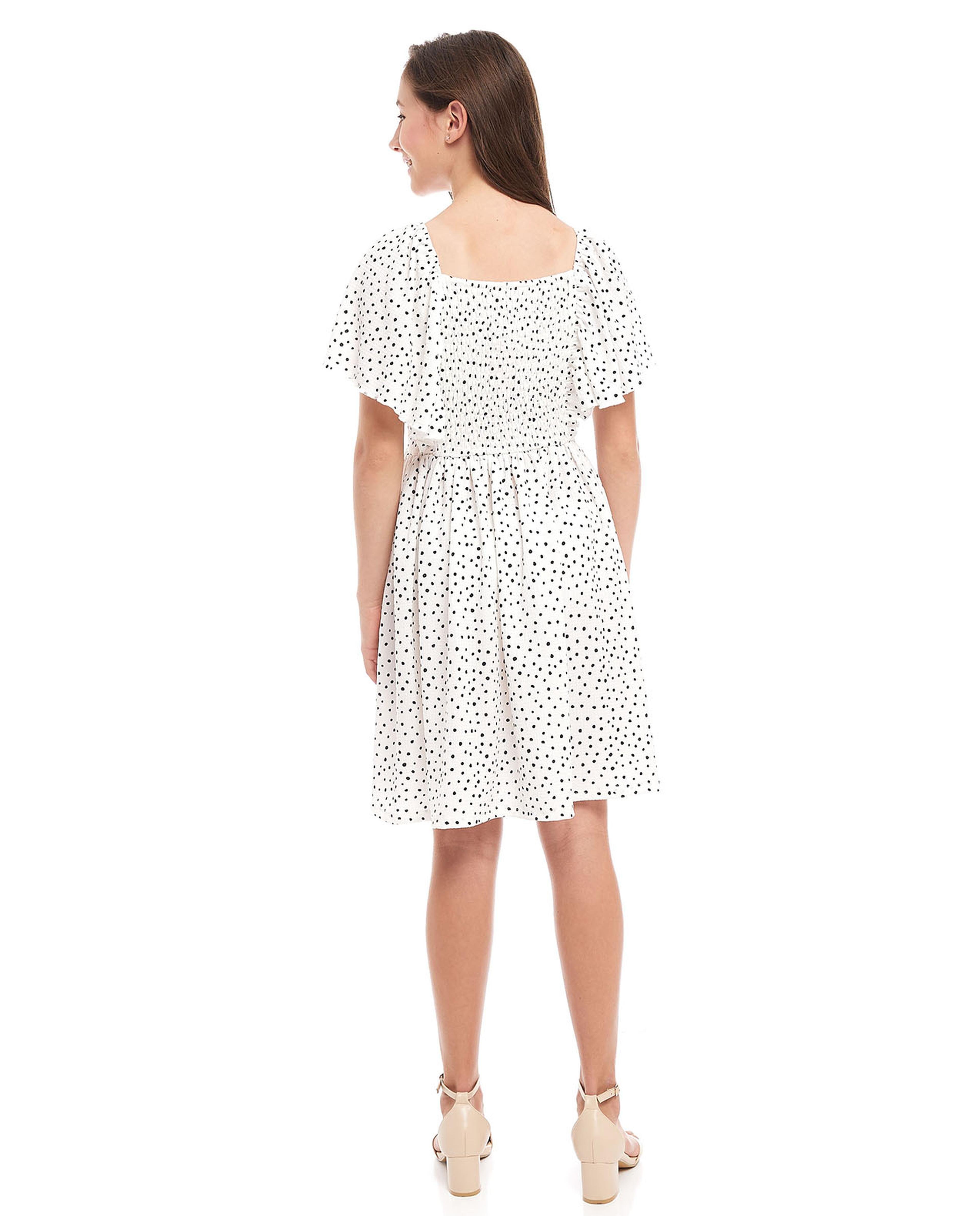 Polka Dots Fit and Flare Dress with Square Neck and Flutter Sleeves