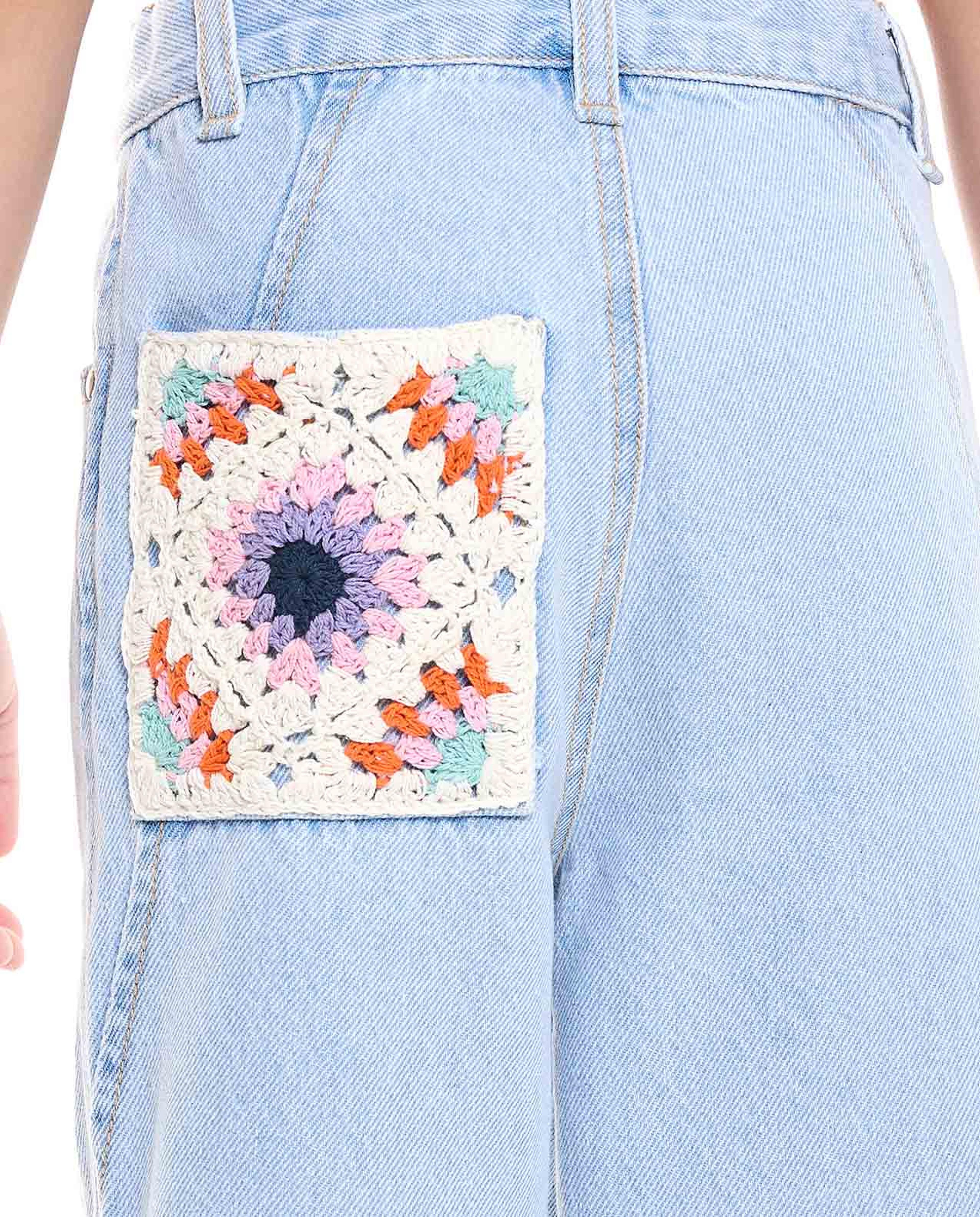 Crochet Detail Wide Leg Jeans with Button Closure