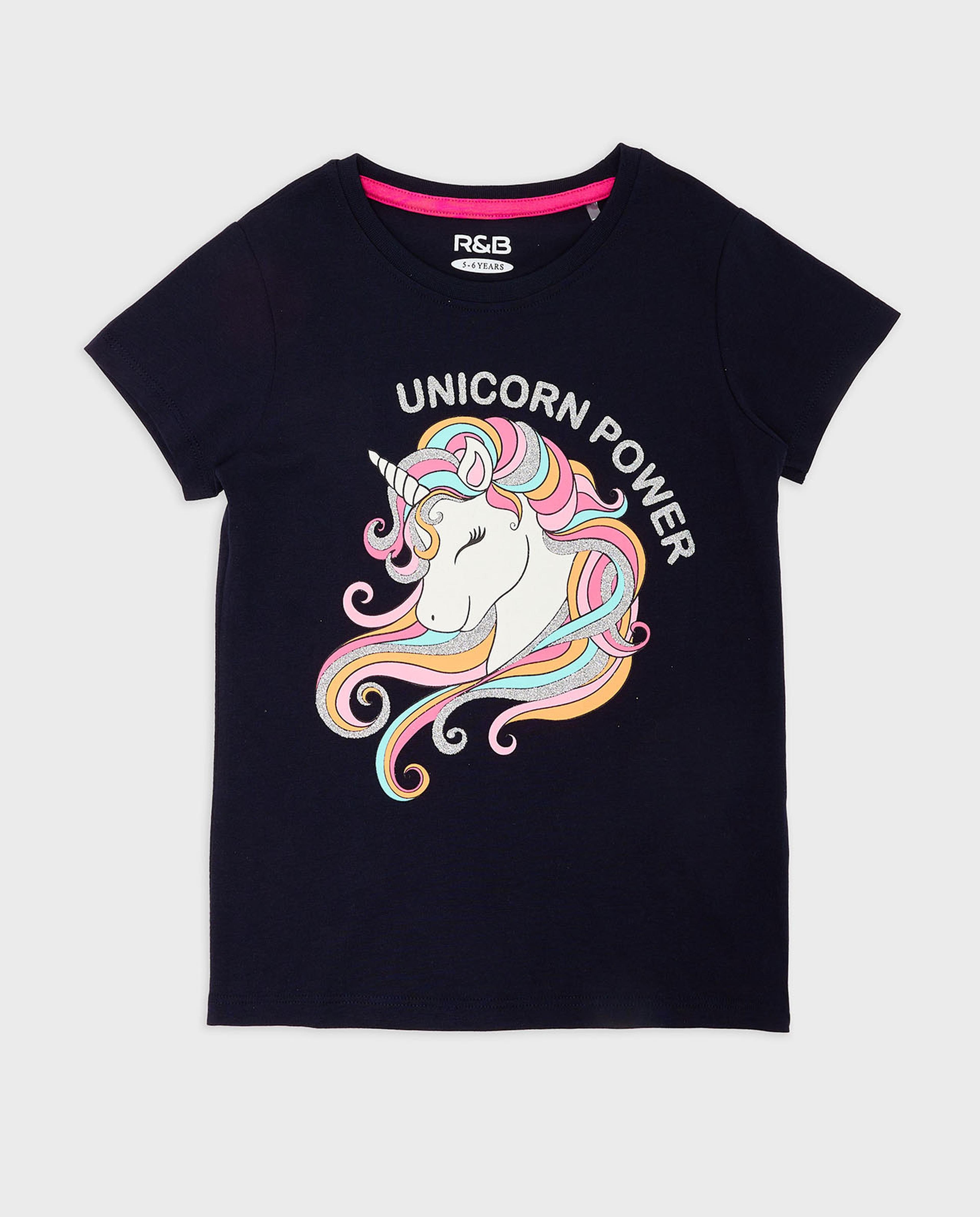 Unicorn Print T-Shirt with Crew Neck and Short Sleeves