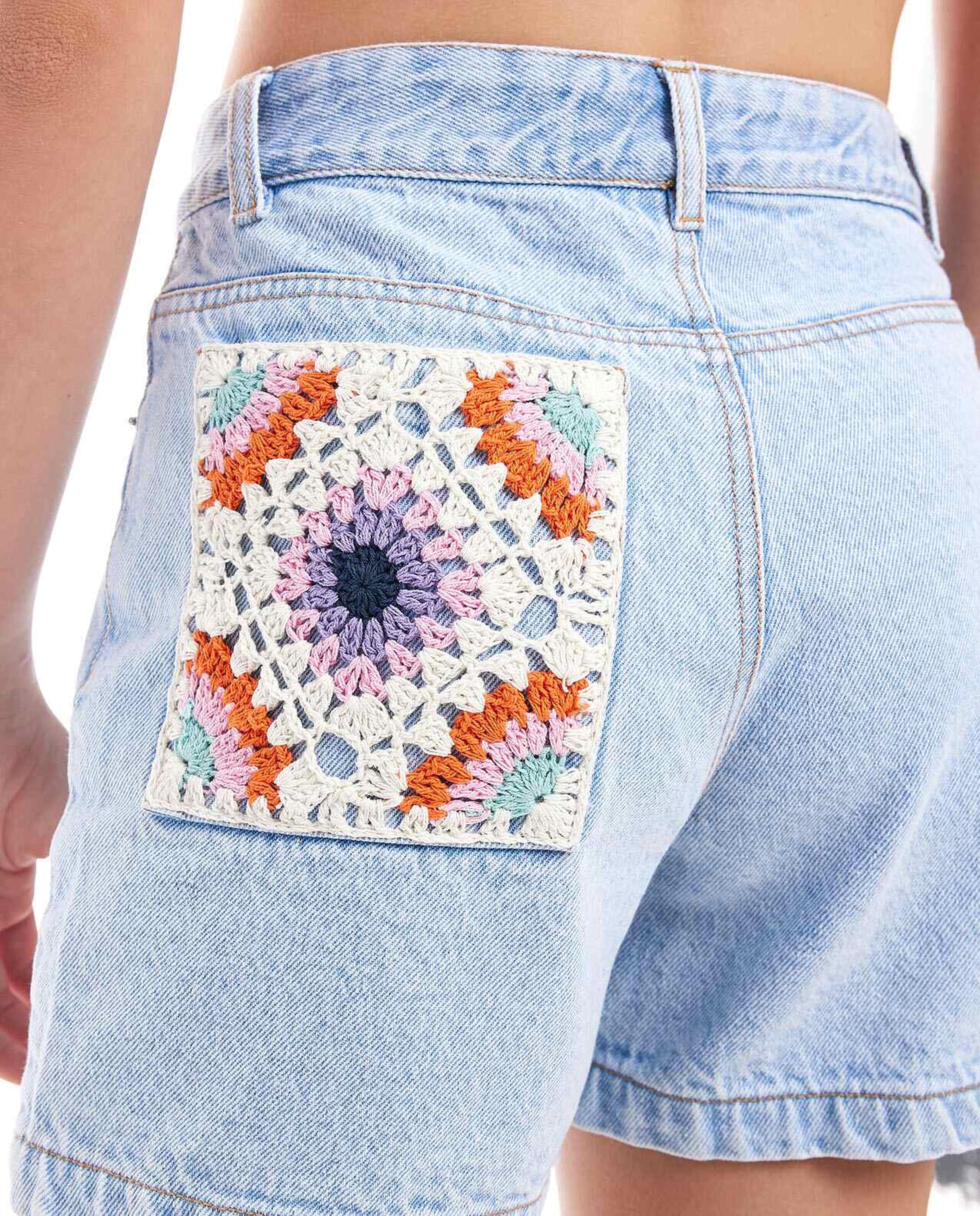 Crochet Detail Denim Shorts with Button Closure