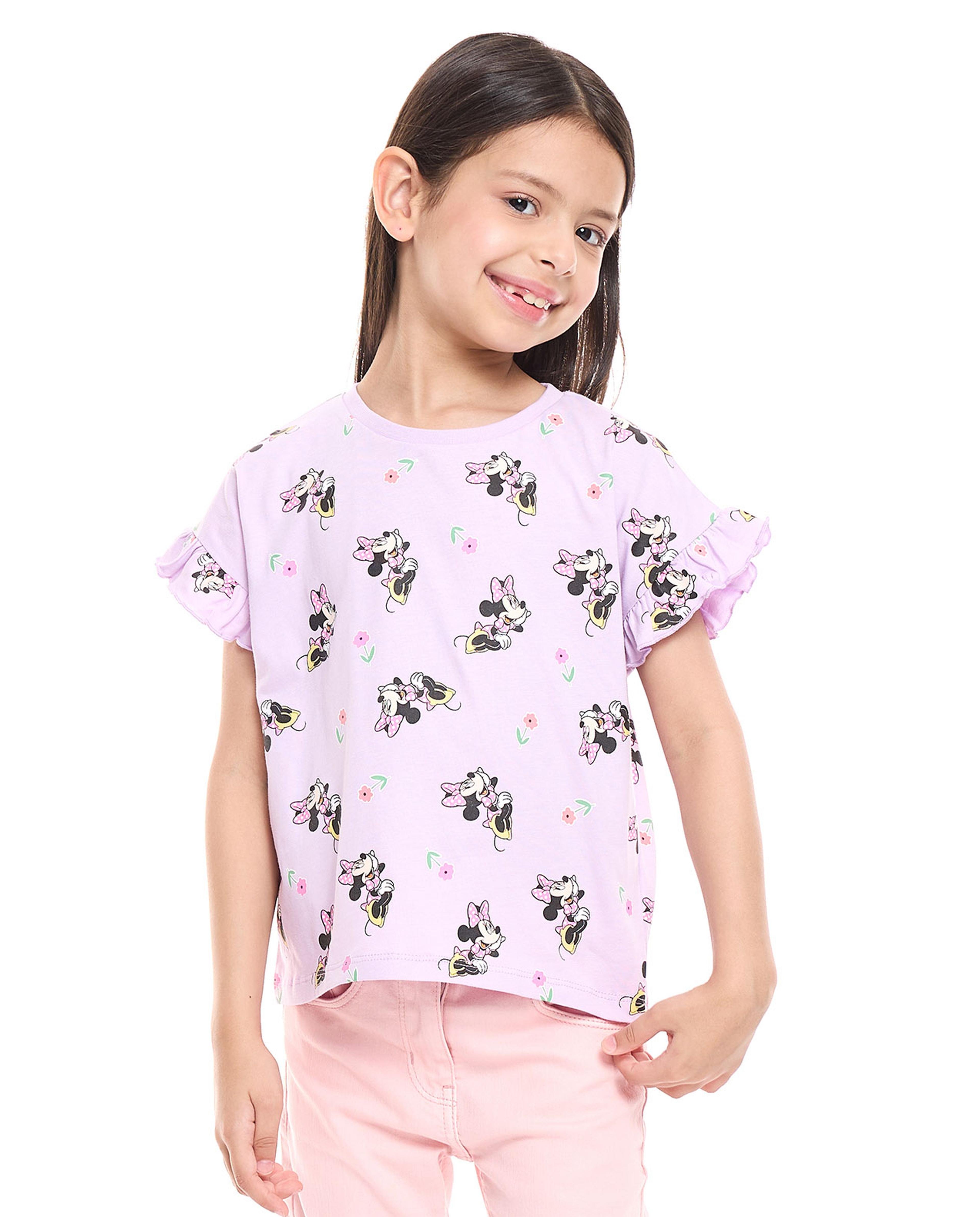 Minnie & Daisy Duck Print Top with Crew Neck and Flutter Sleeves