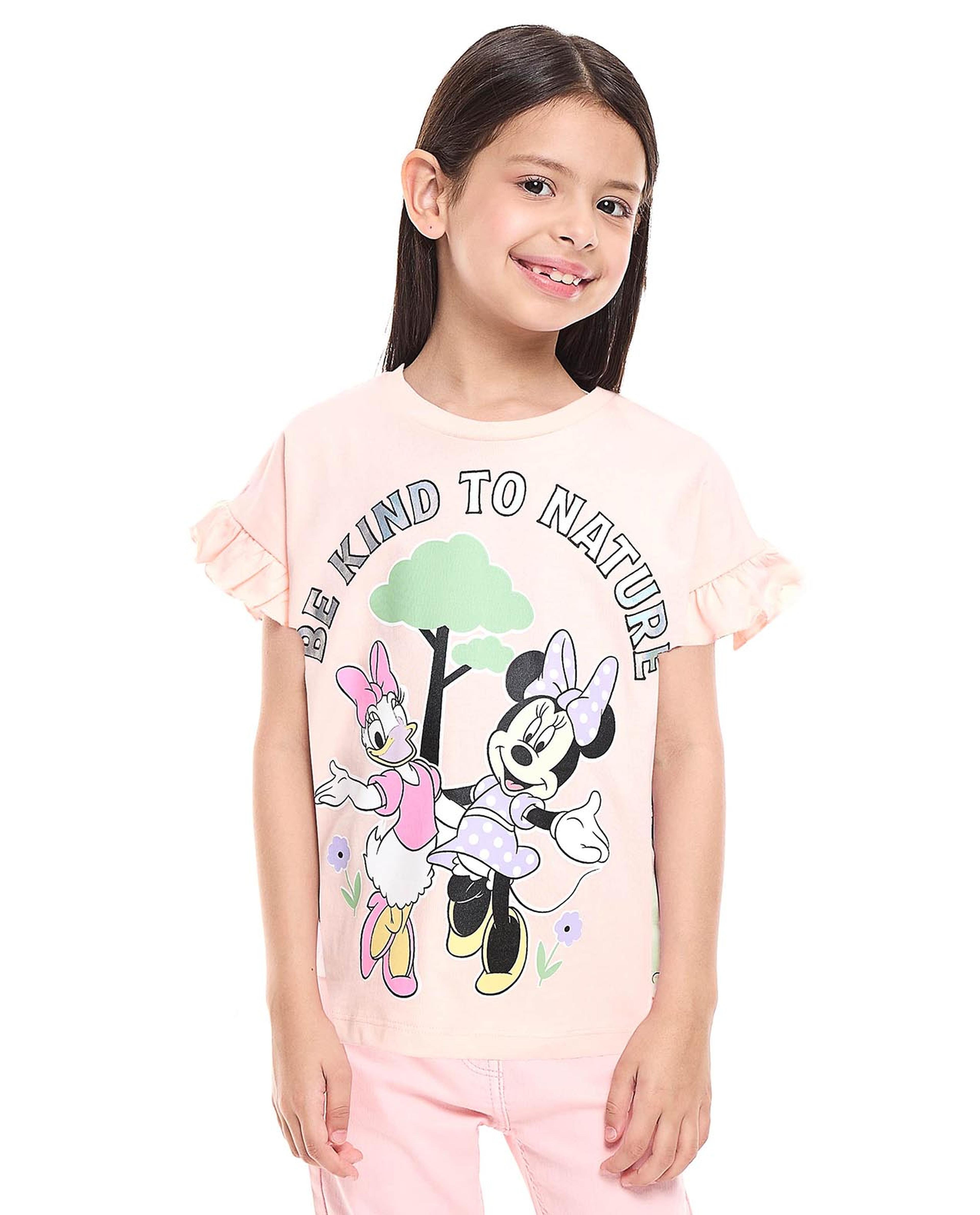 Minnie & Daisy Duck Print Top with Crew Neck and Flutter Sleeves