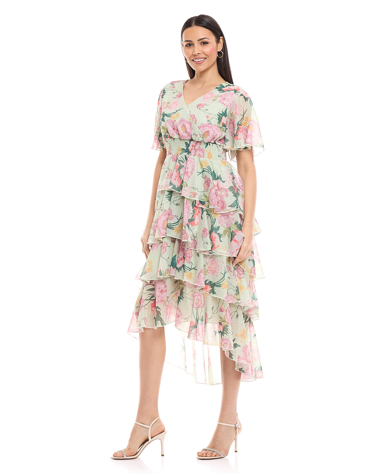 Floral Print Layered Dress with V-Neck and Flared Sleeves