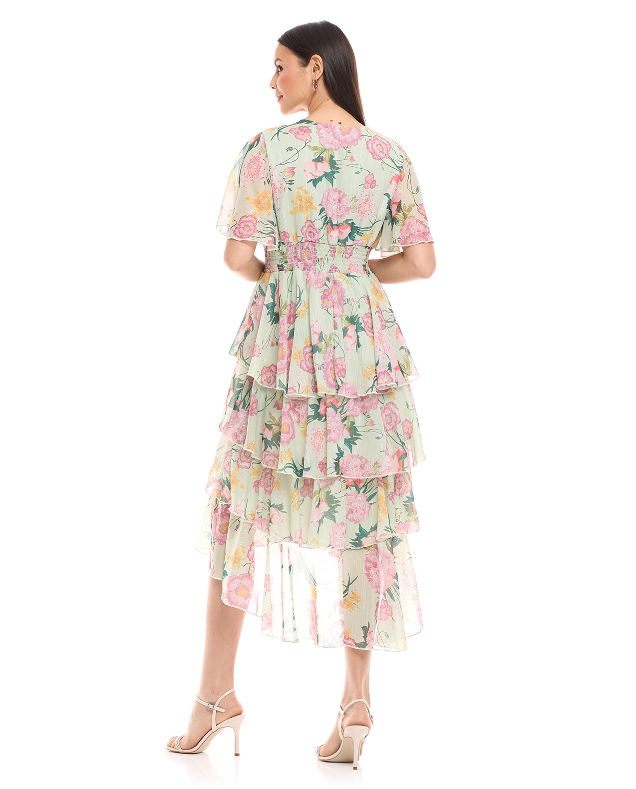 Floral Print Layered Dress with V-Neck and Flared Sleeves
