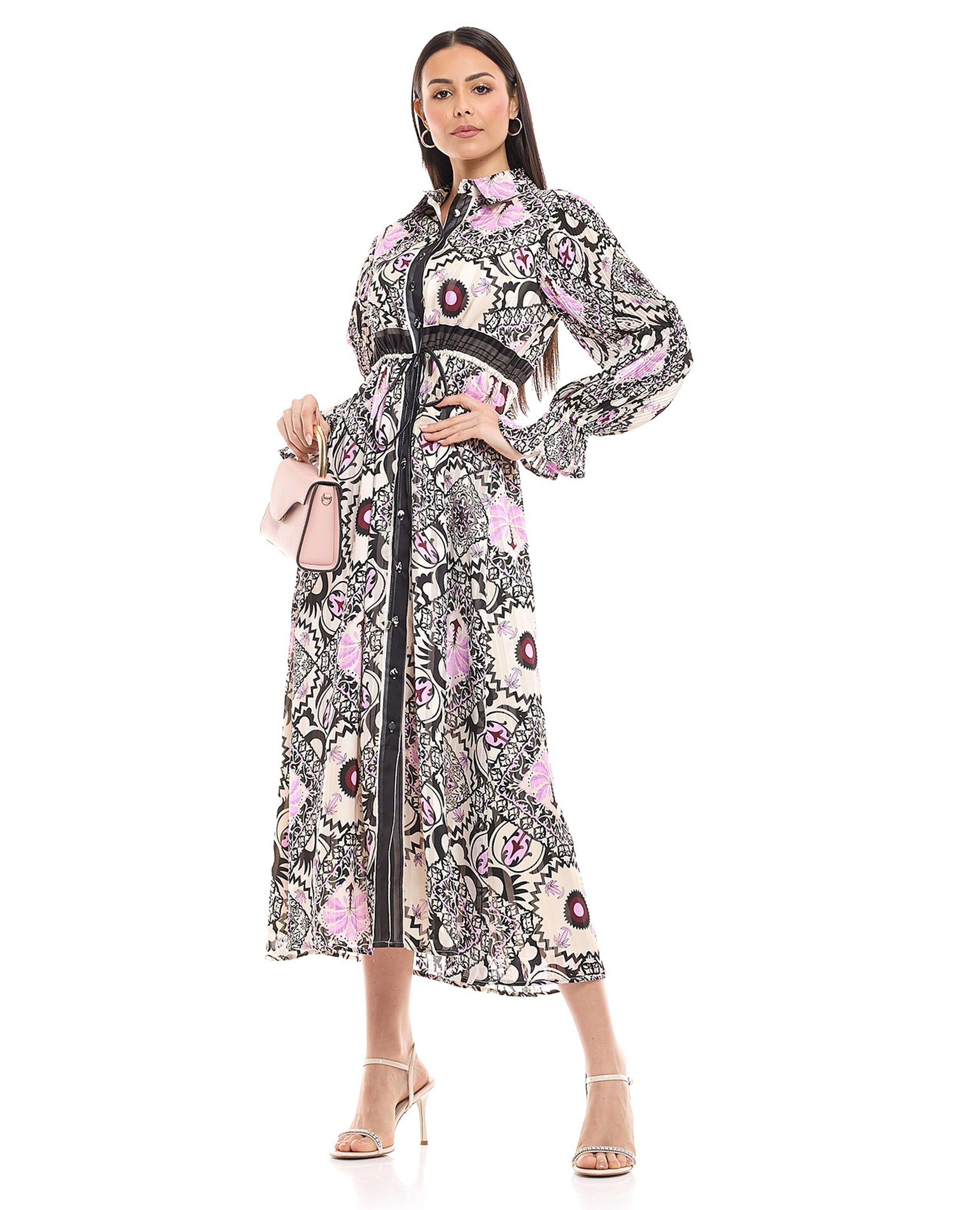 Patterned Shirt Dress with Puff Sleeves