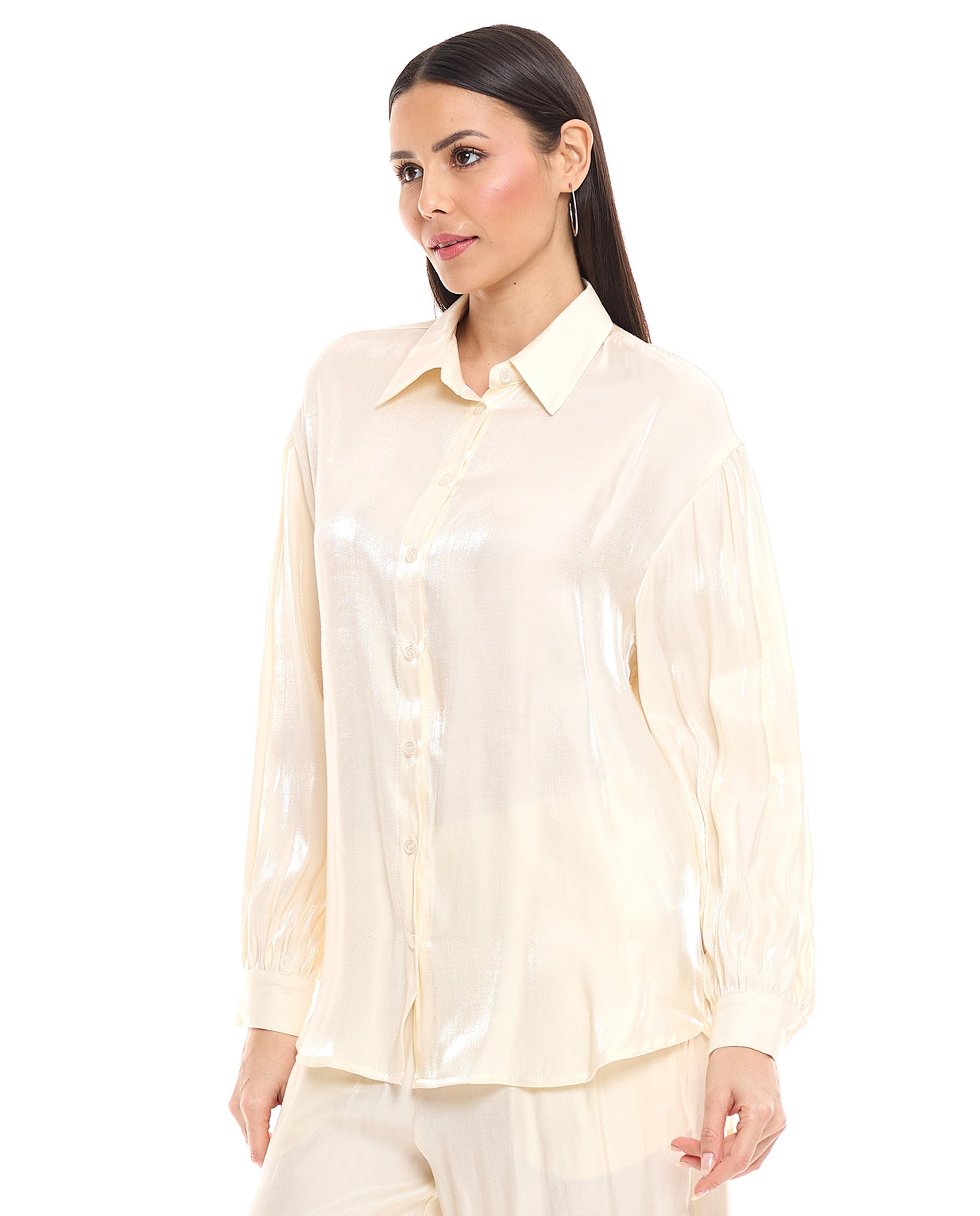 Solid Shirt with Classic Collar and Bishop Sleeves
