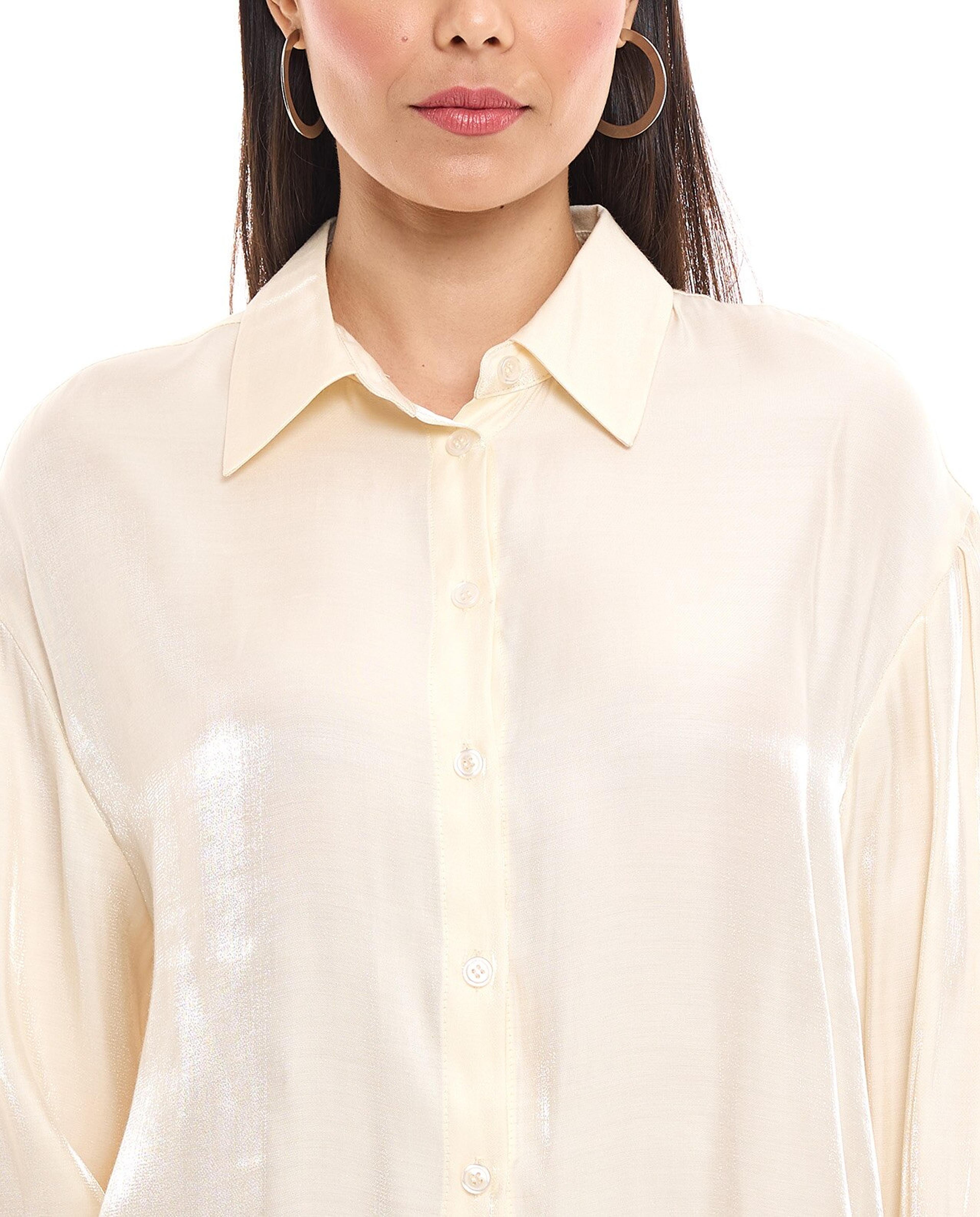 Solid Shirt with Classic Collar and Bishop Sleeves