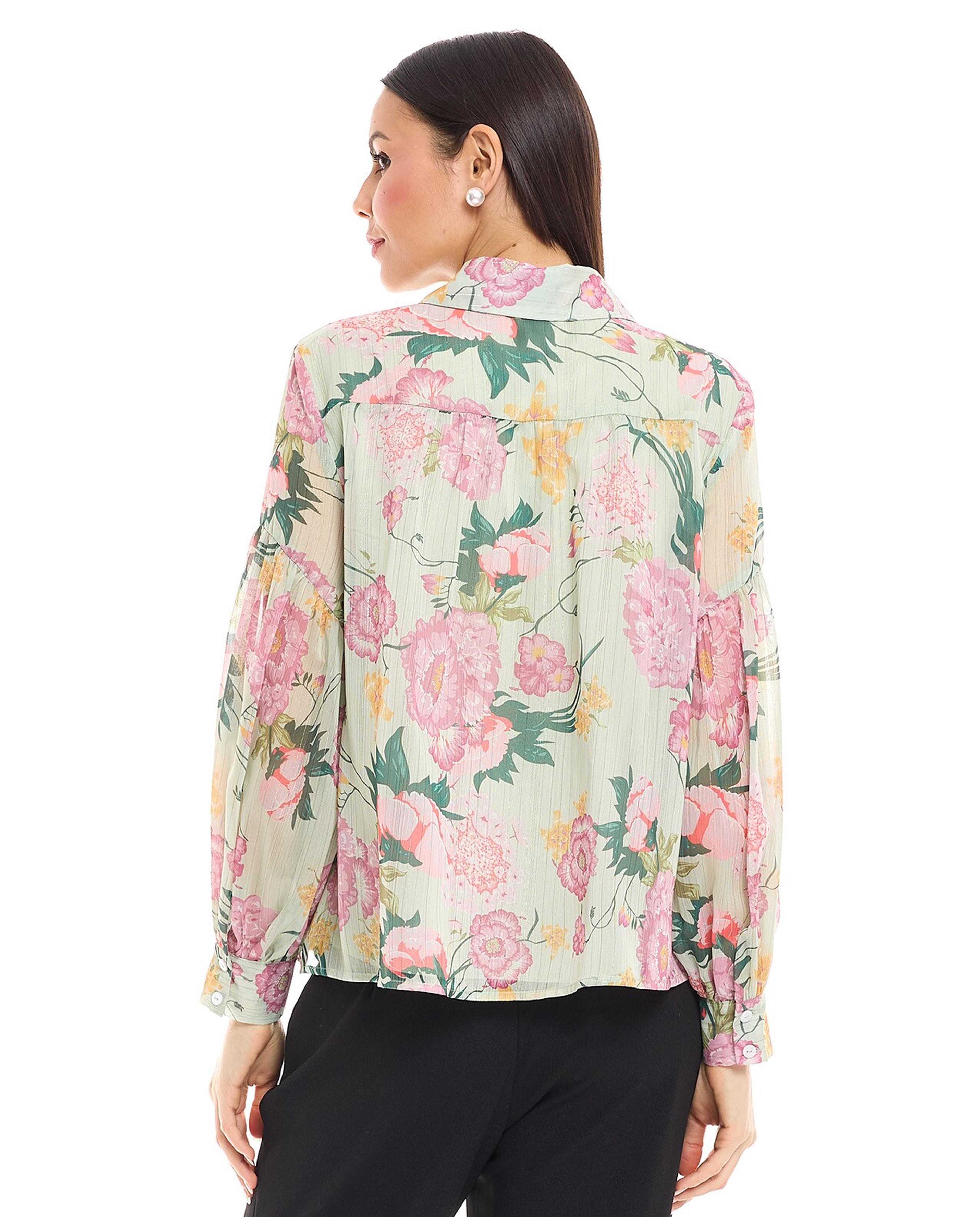 Floral Shirt with Spread Collar and Bishop Sleeves