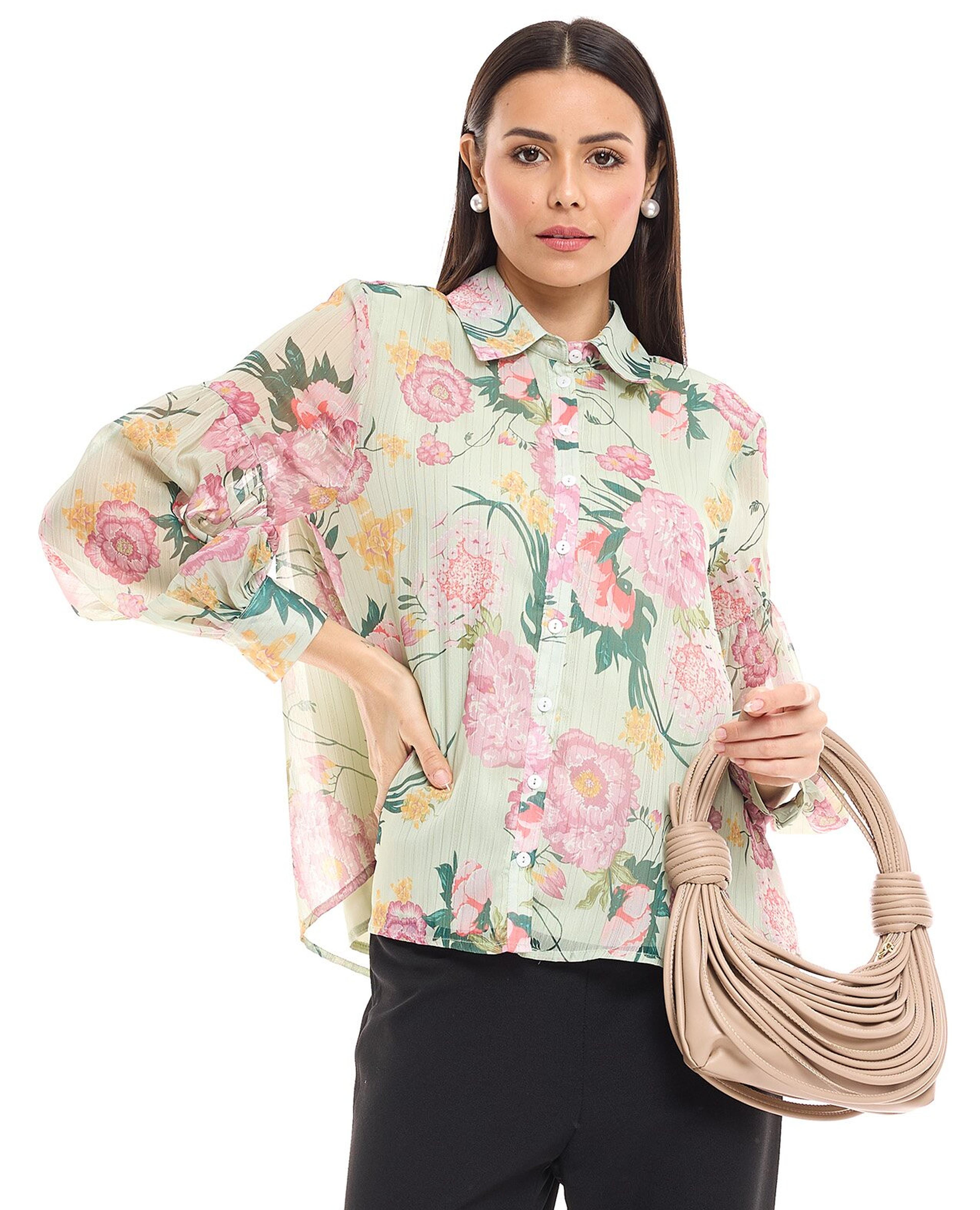 Floral Shirt with Spread Collar and Bishop Sleeves