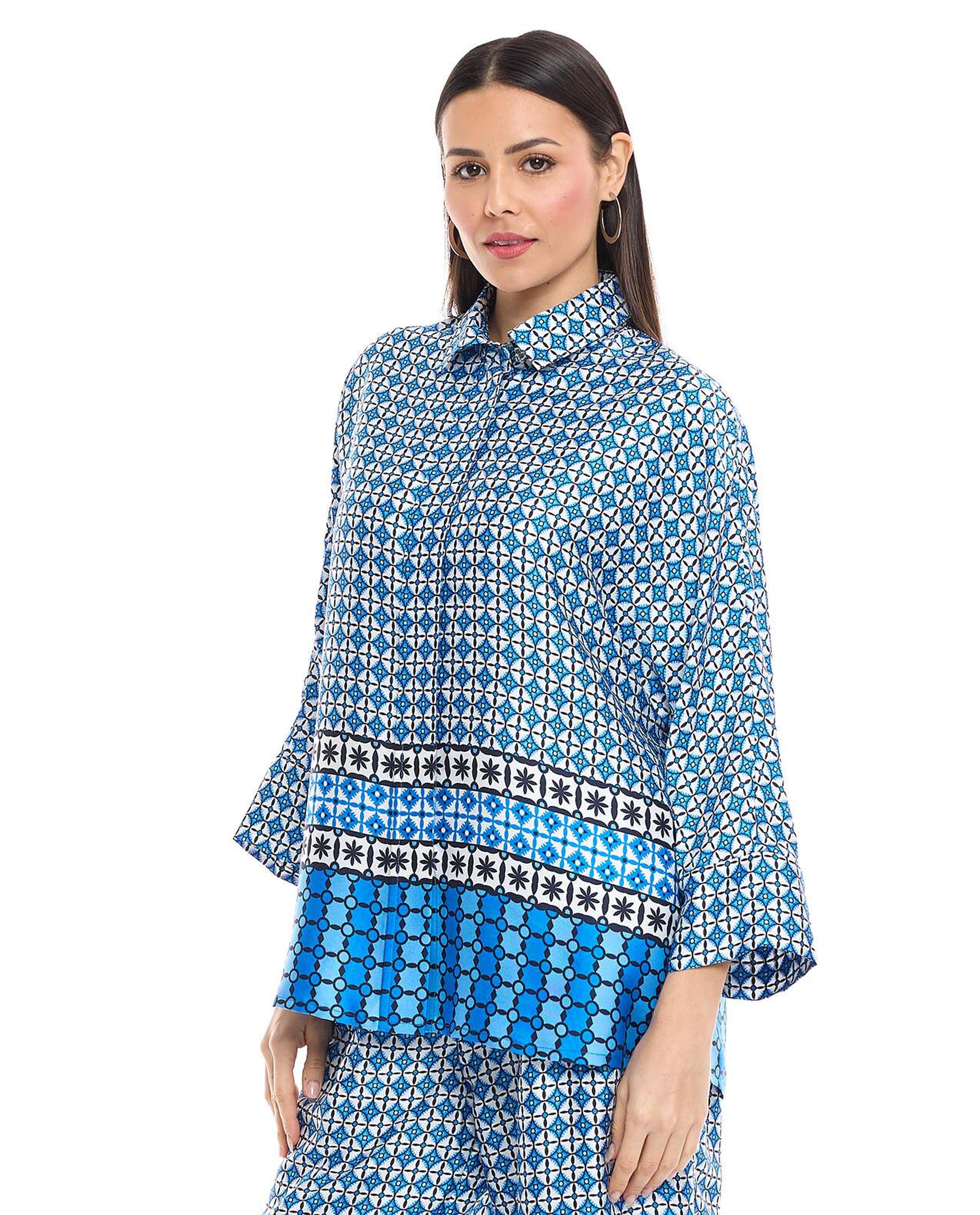 Patterned Shirt with Spread Collar and 3/4 Sleeves
