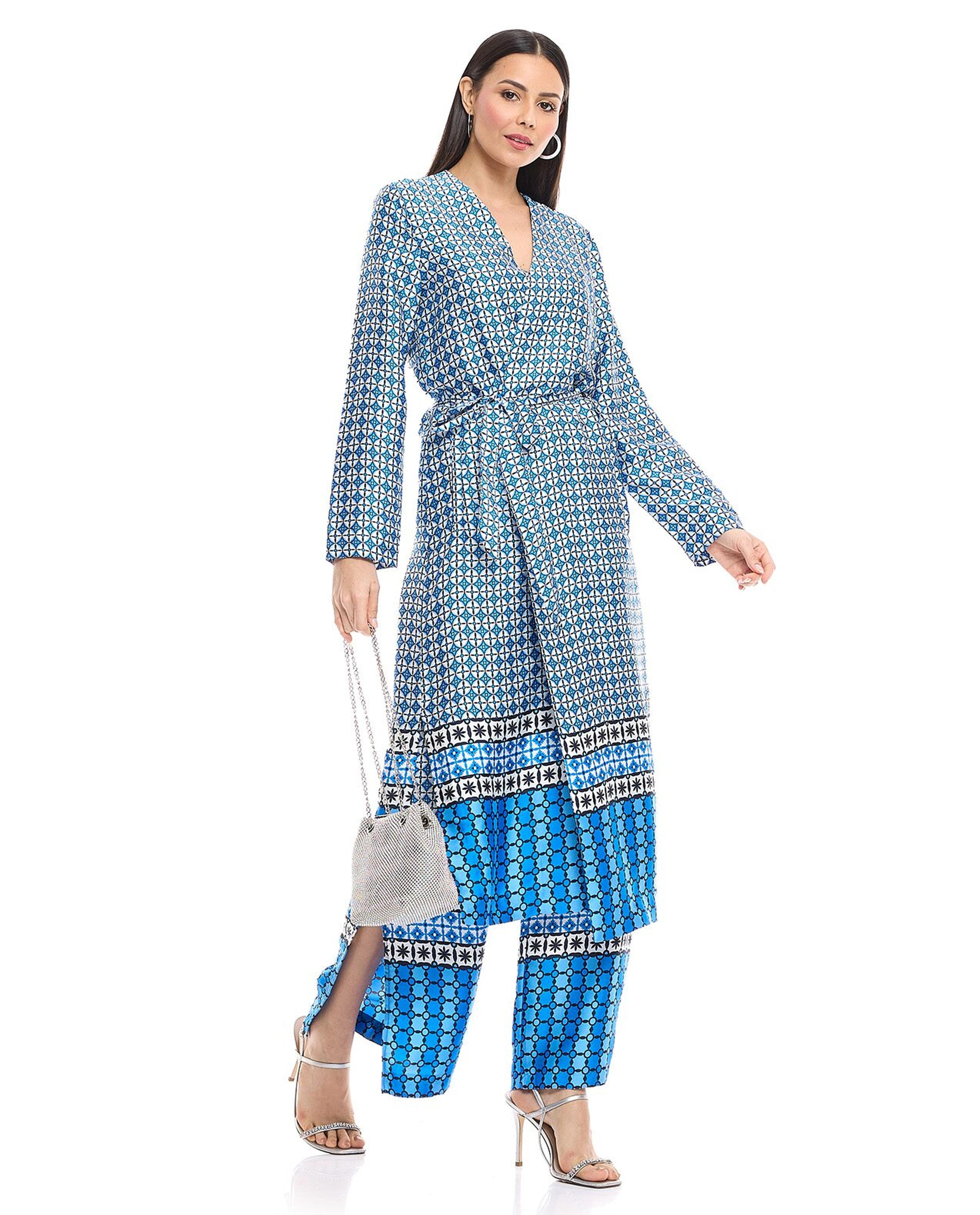 Patterned Long Coat with Waist Tie