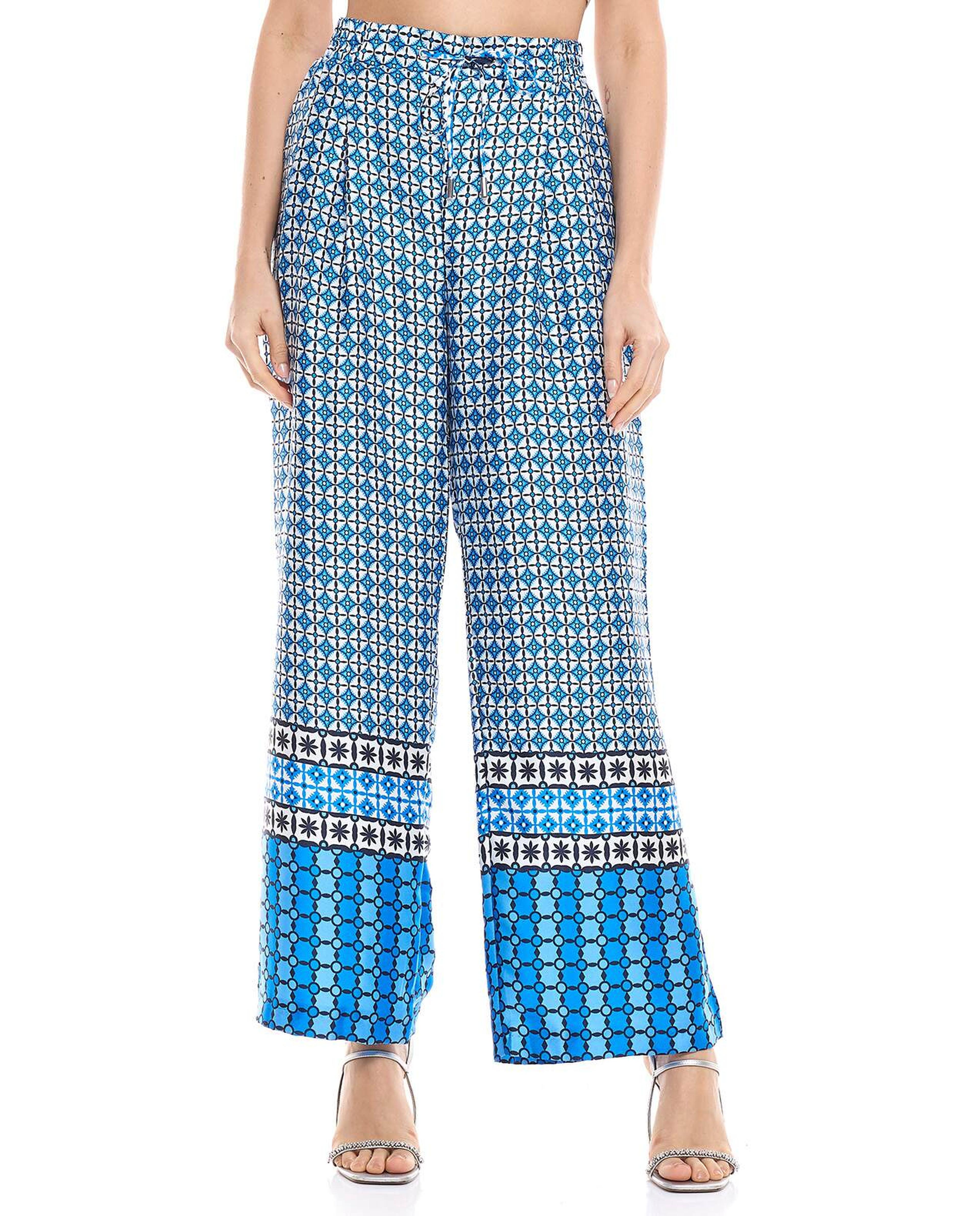 Patterned Wide Leg Trousers with Button Closure