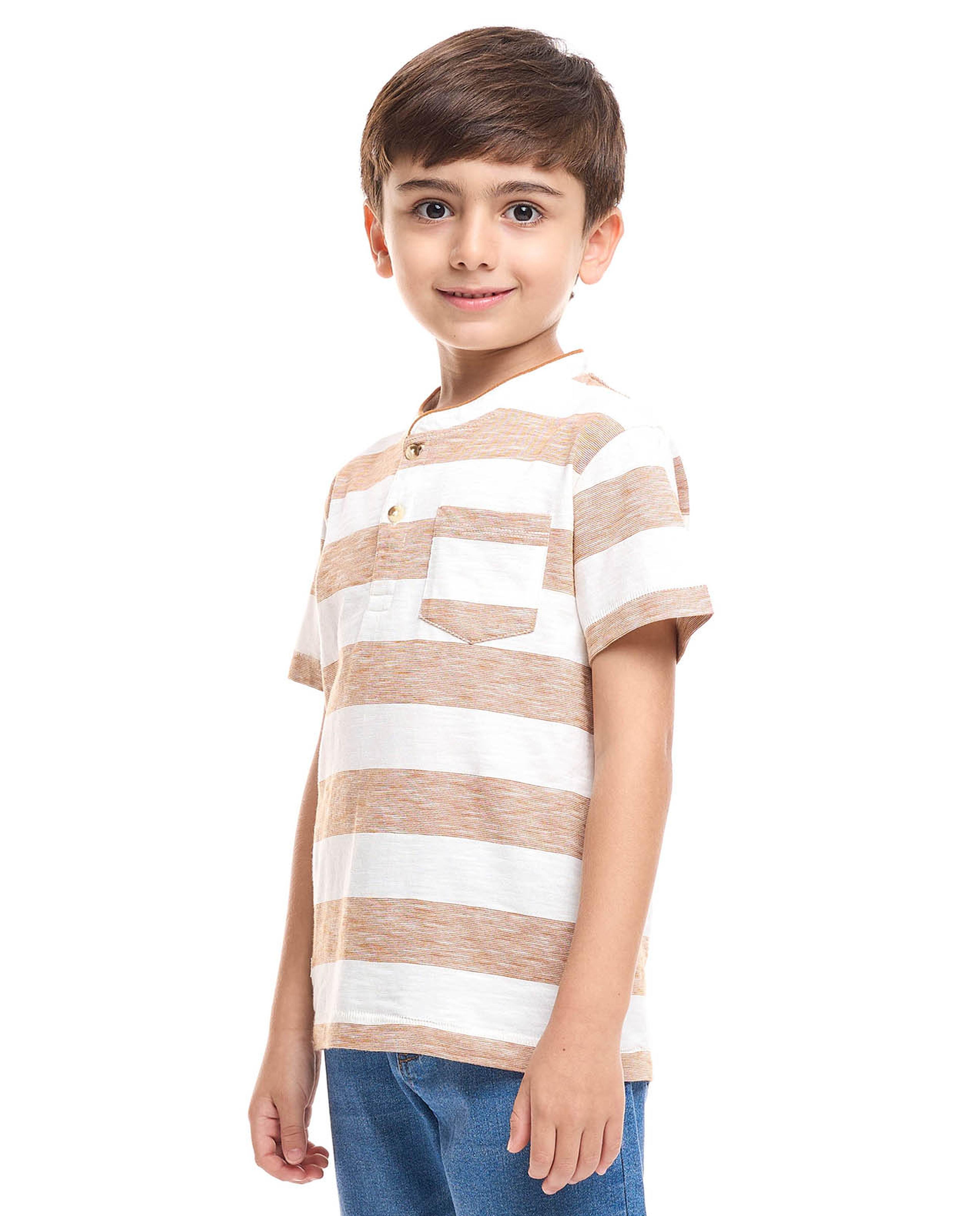 Striped T-Shirt with Stand Collar and Short Sleeves