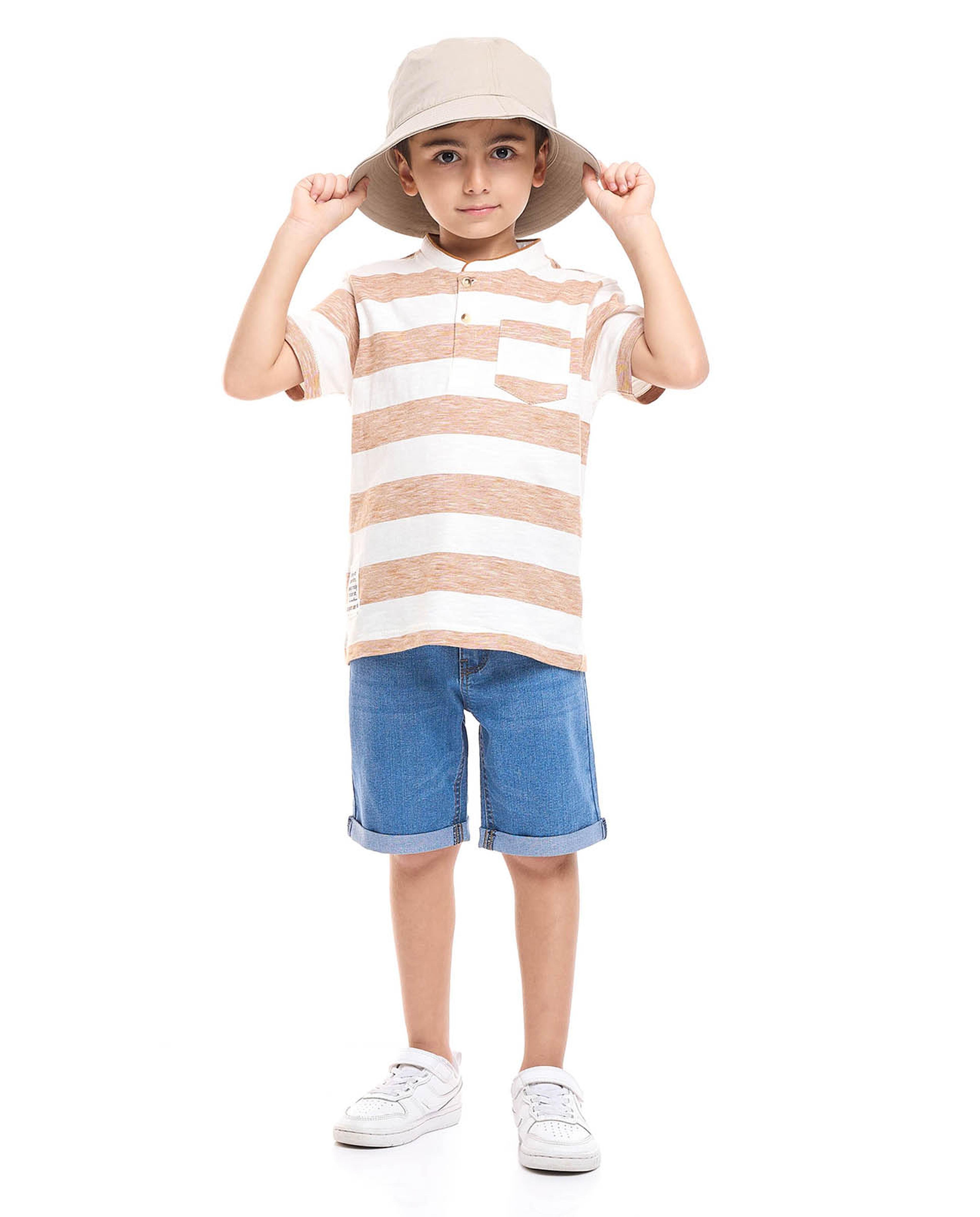Striped T-Shirt with Stand Collar and Short Sleeves
