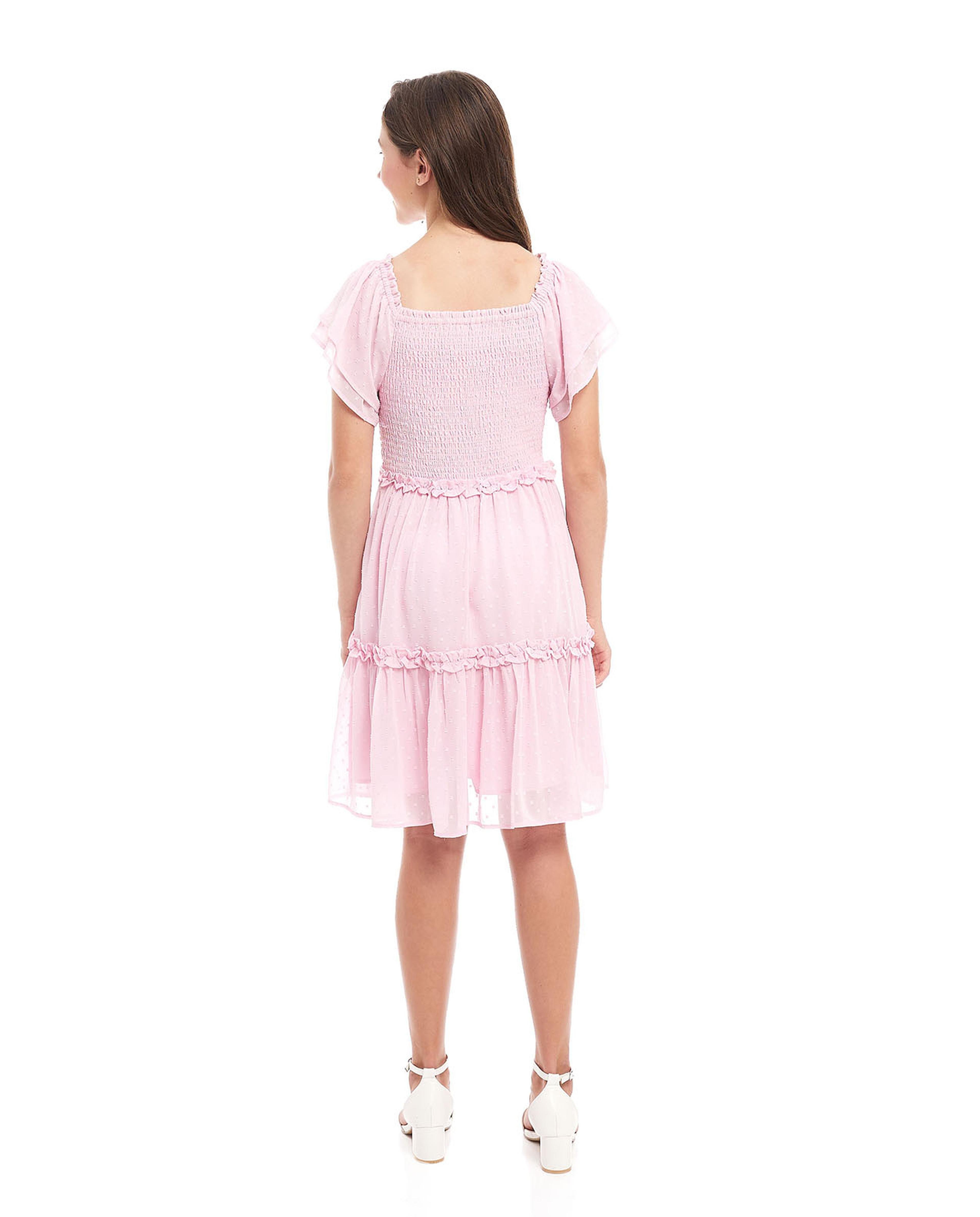 Woven Tiered Dress with Square Neck and Flared Sleeves