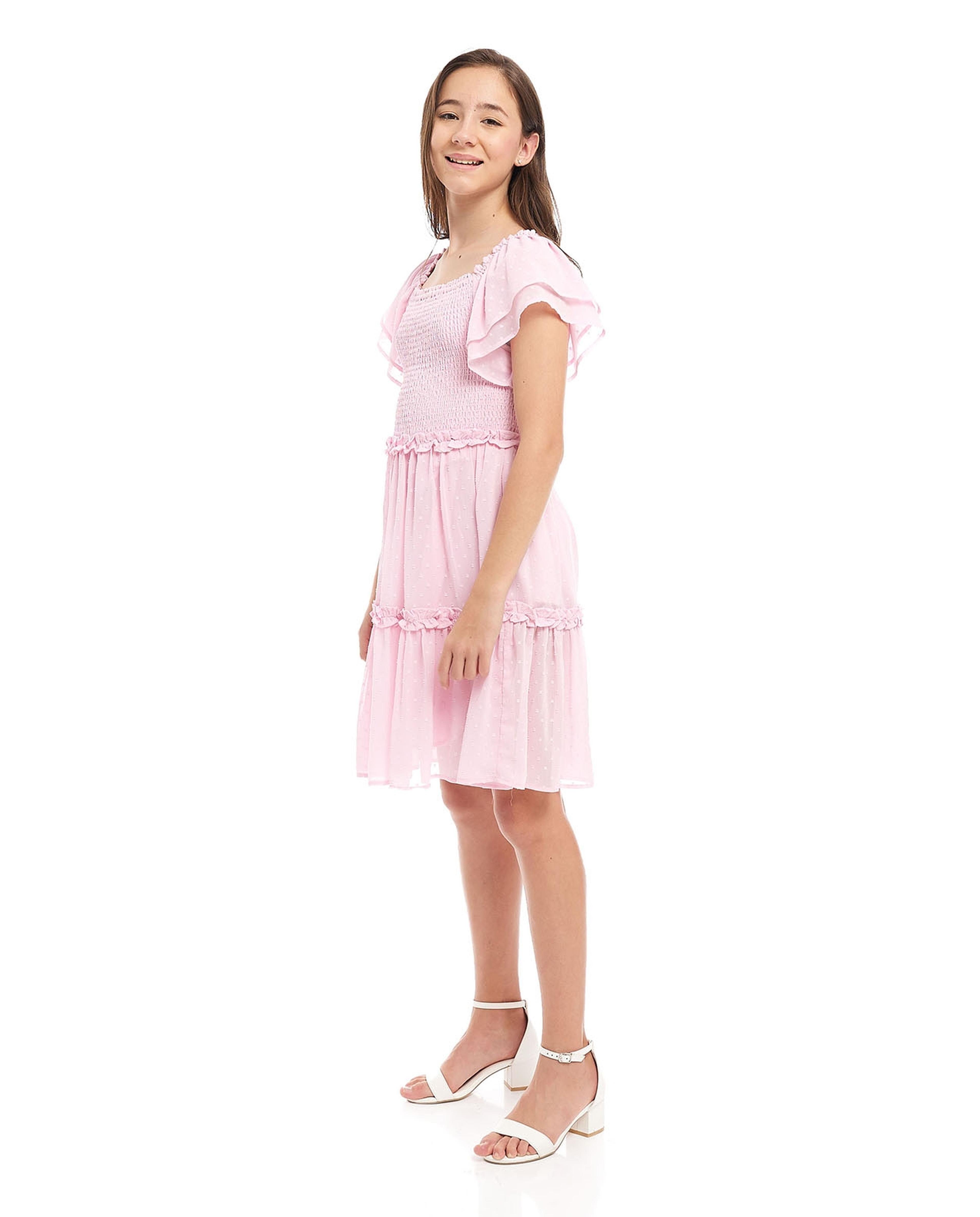 Woven Tiered Dress with Square Neck and Flared Sleeves