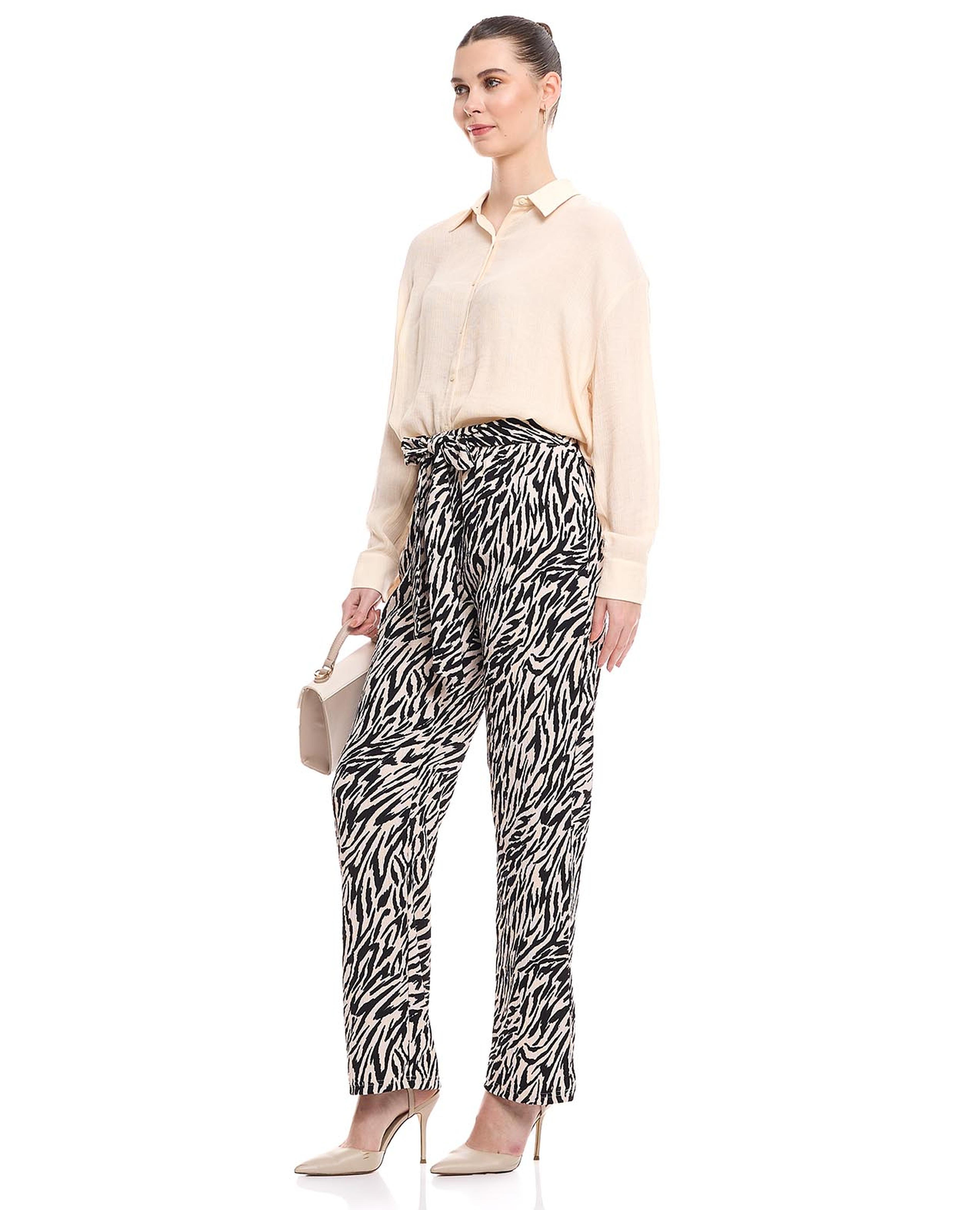 Zebra Patterned Straight Fit Trousers with Elastic Waist