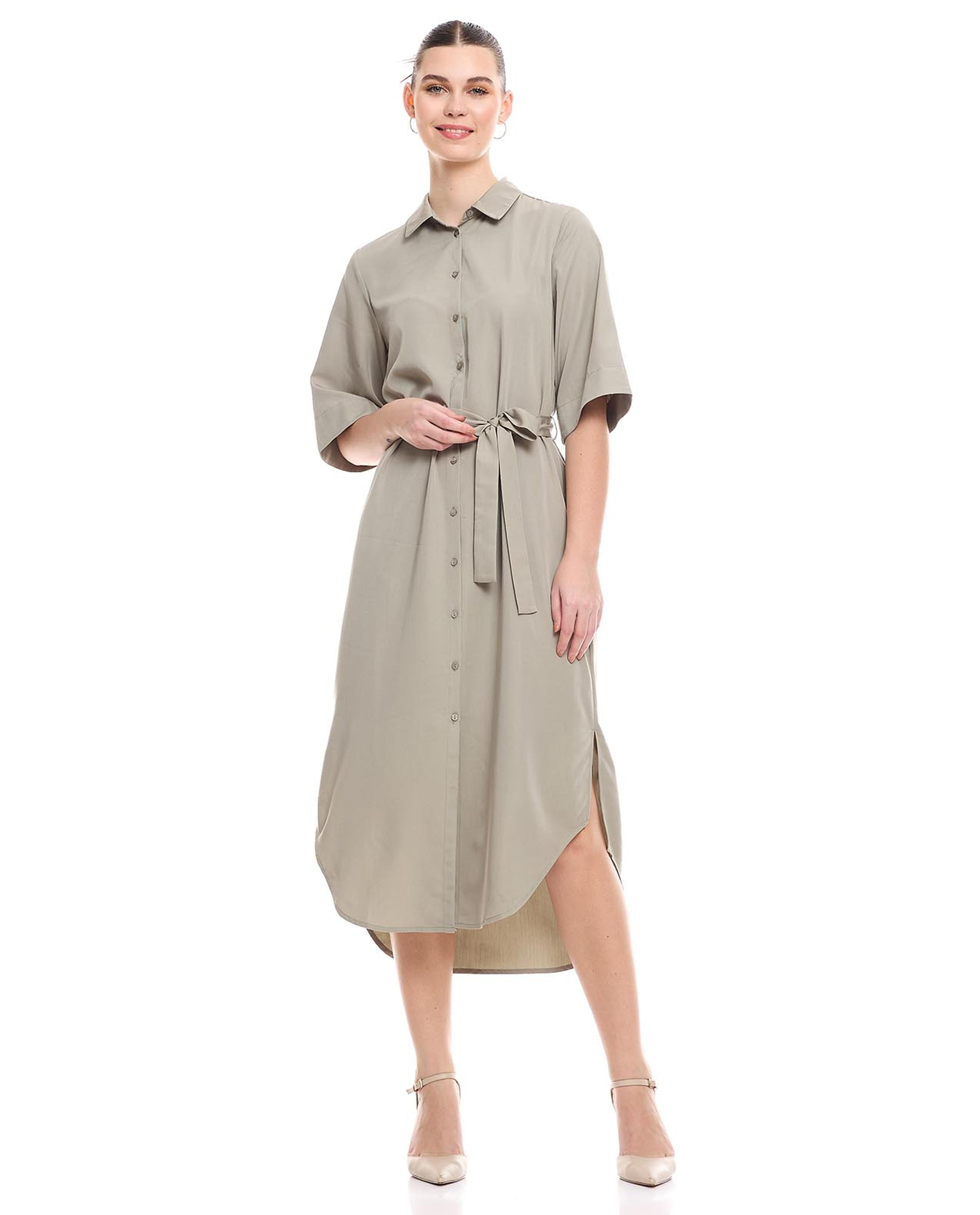 Solid Belted Shirt Dress with Short Sleeves