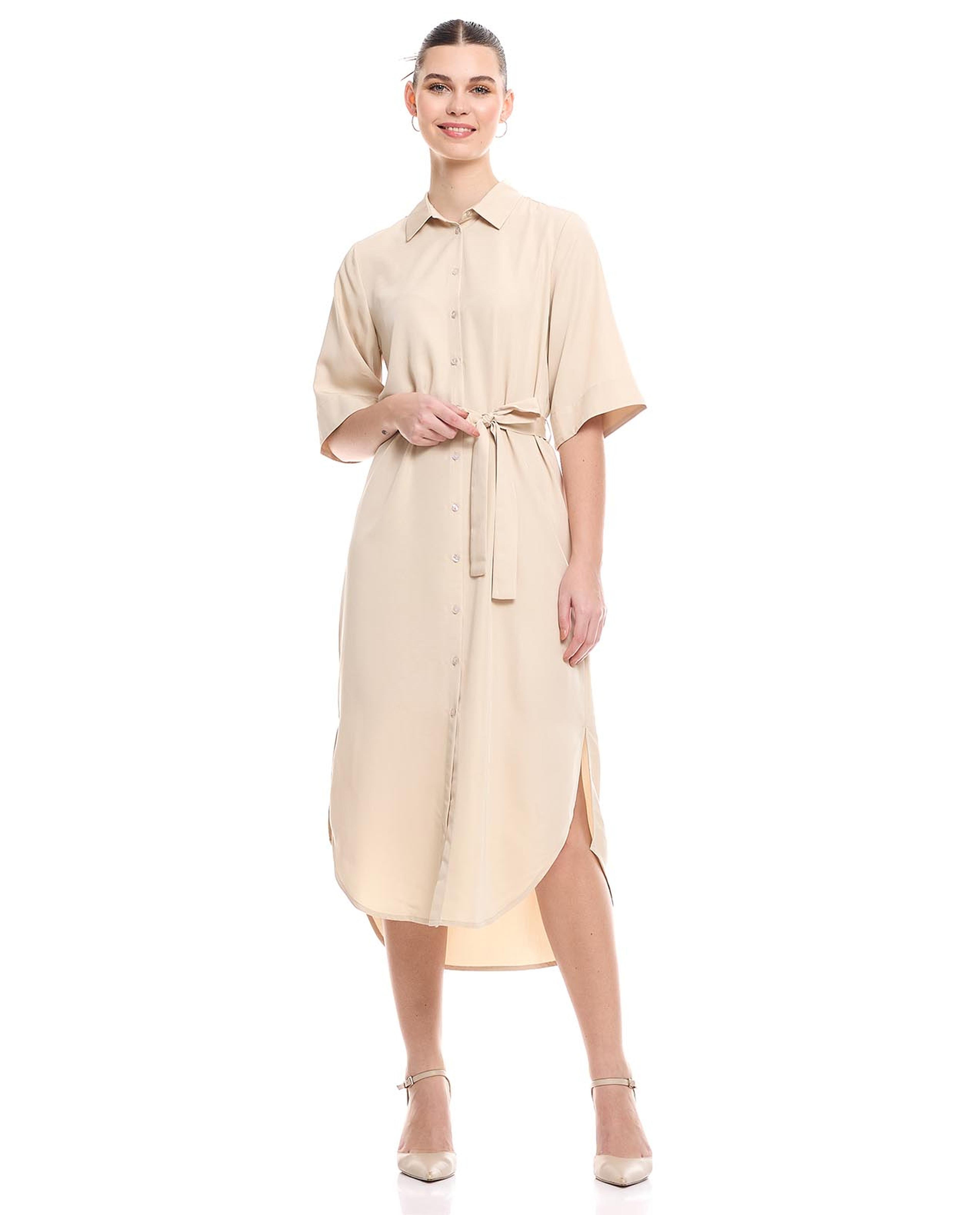Solid Belted Shirt Dress with Short Sleeves