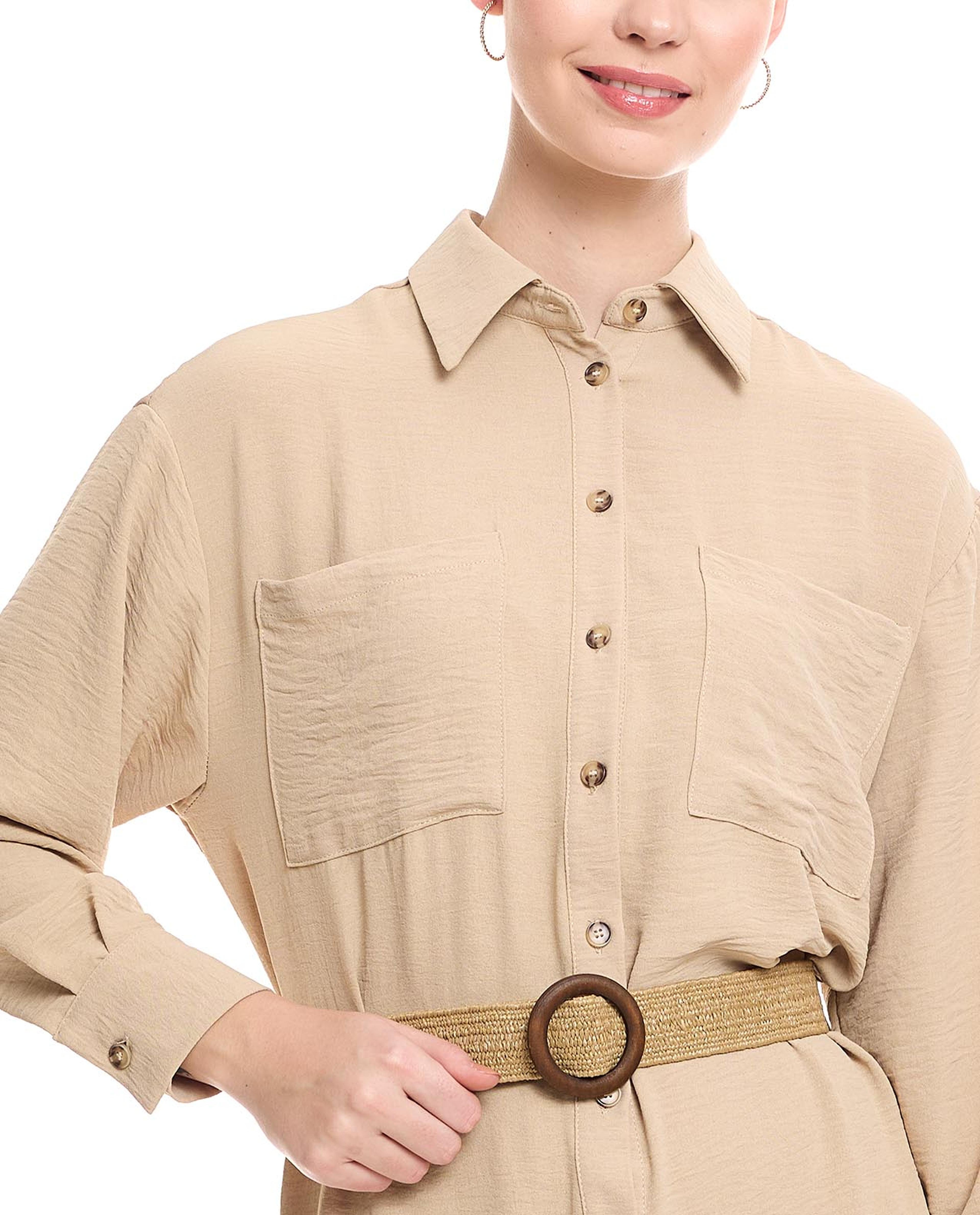 Crinkled Shirt Dress with Waist Belt