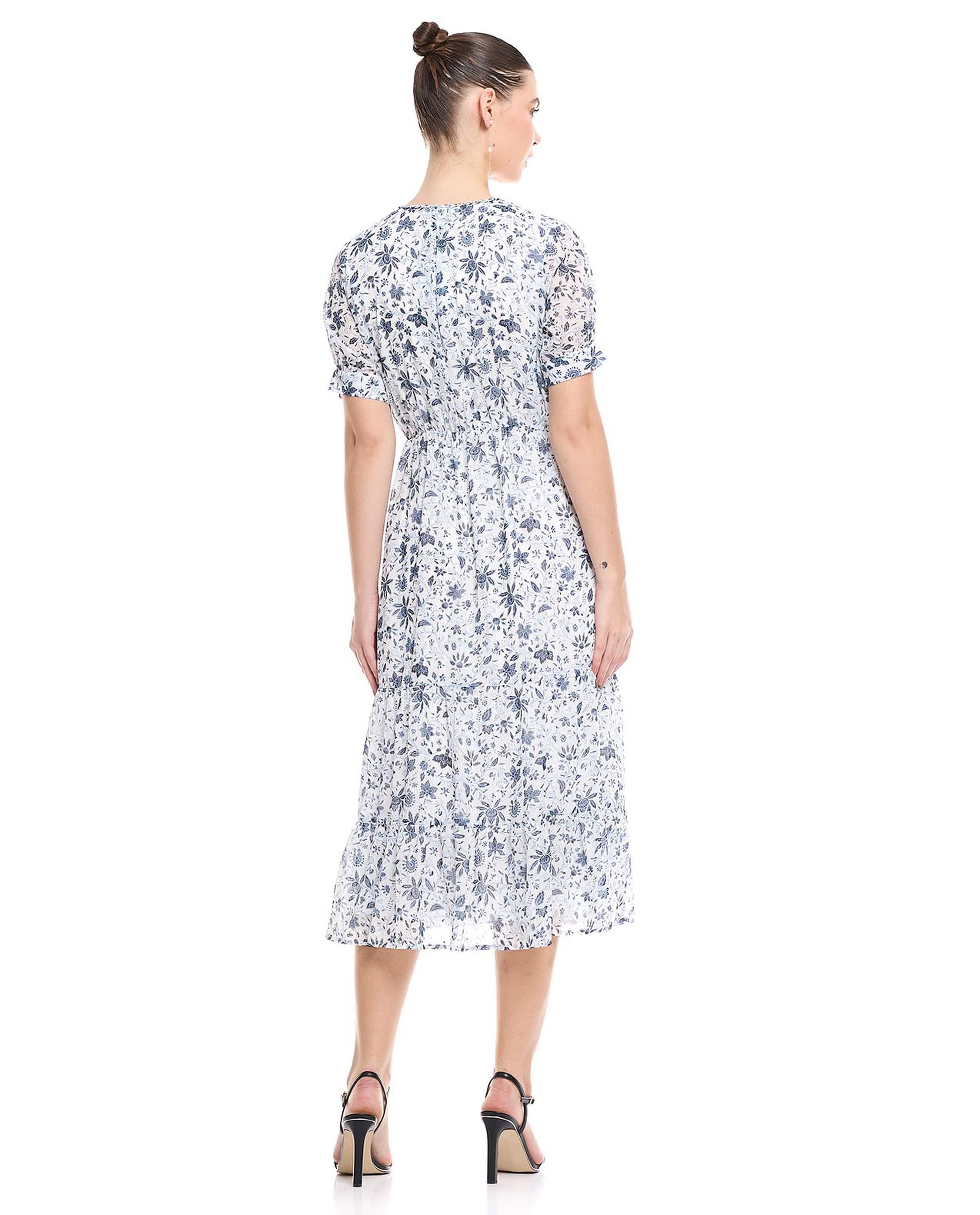 Printed Tiered Dress with V-Neck and Puff Sleeves