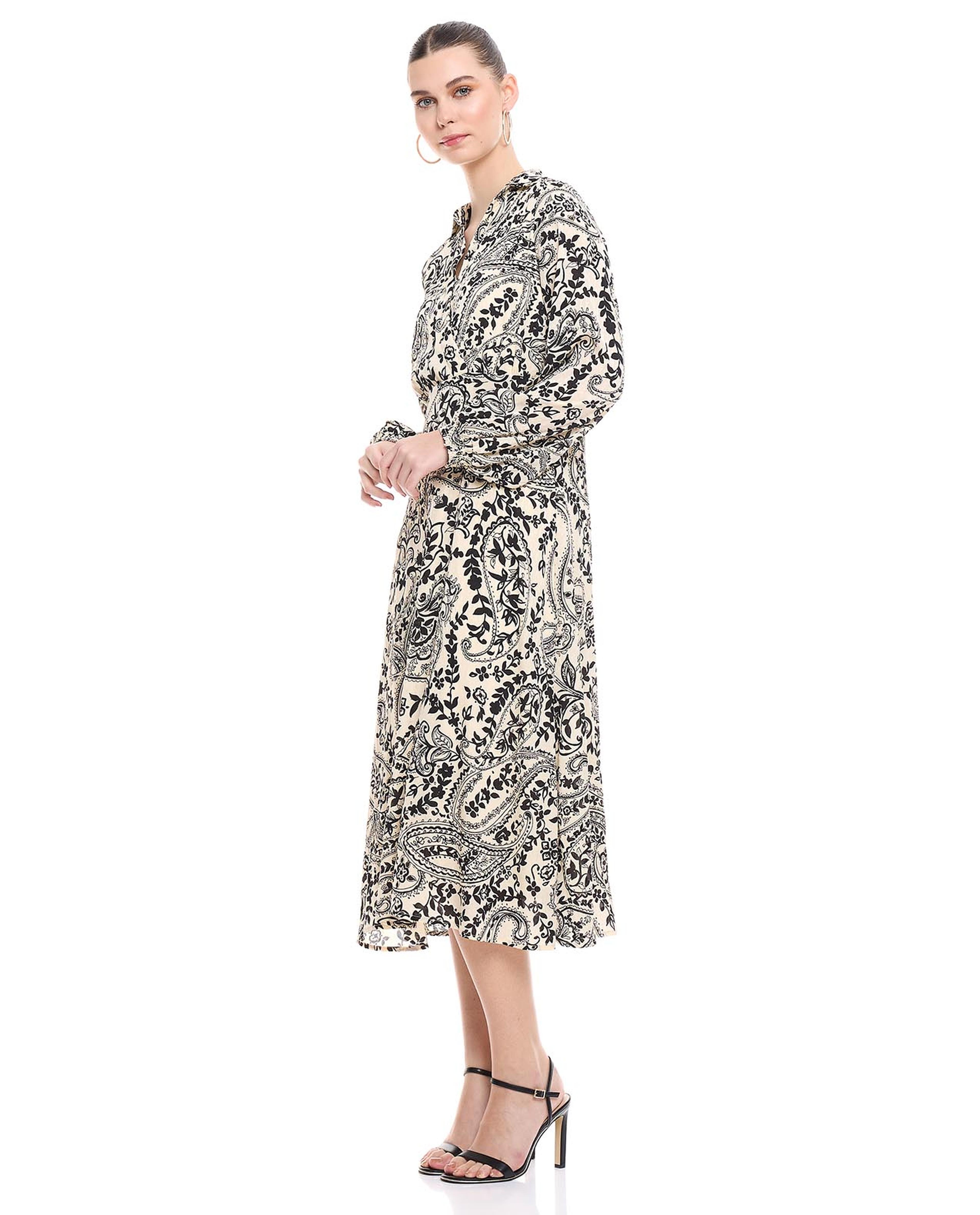 Paisley Print A-Line Dress with V-Neck and Bishop Sleeves