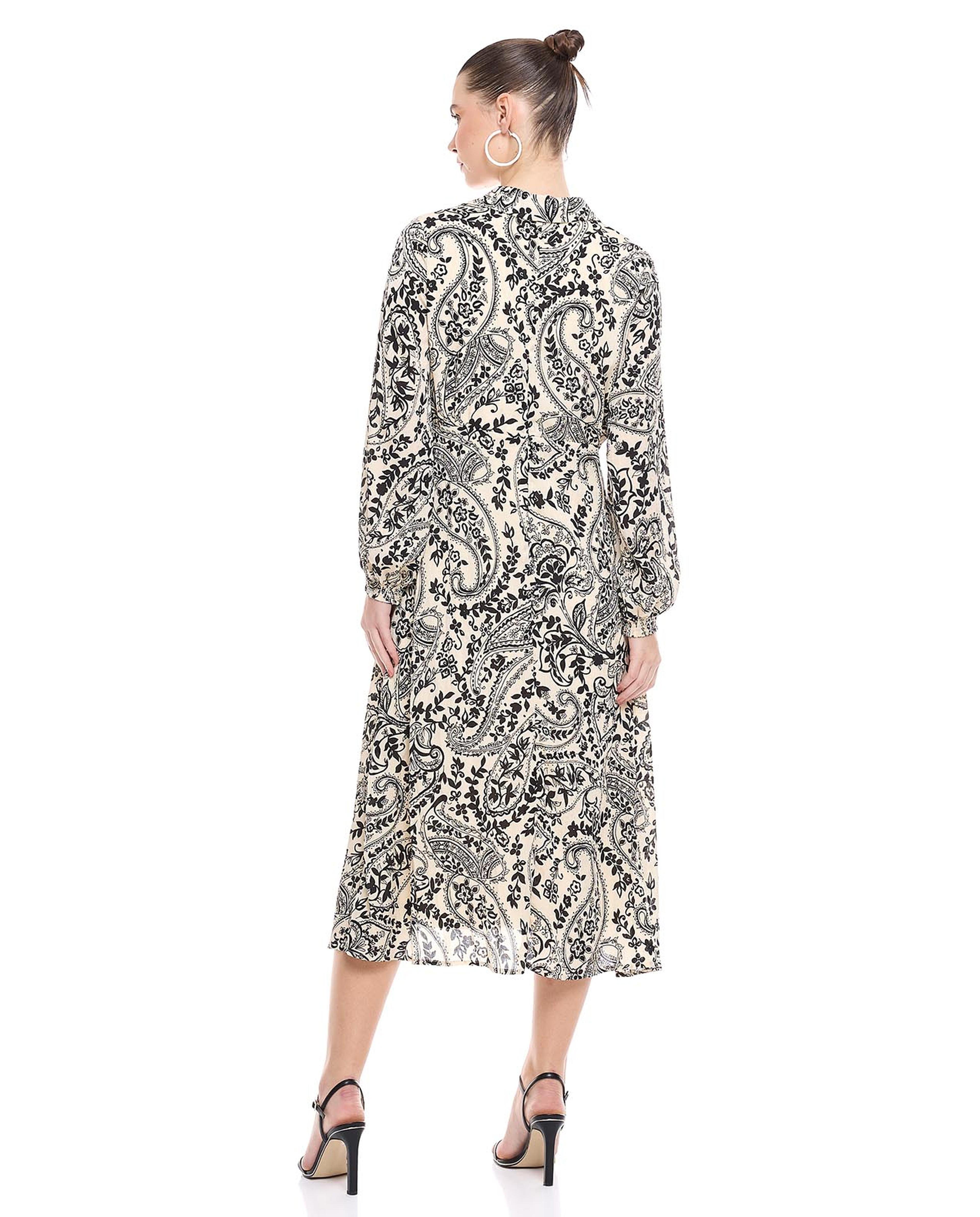 Paisley Print A-Line Dress with V-Neck and Bishop Sleeves