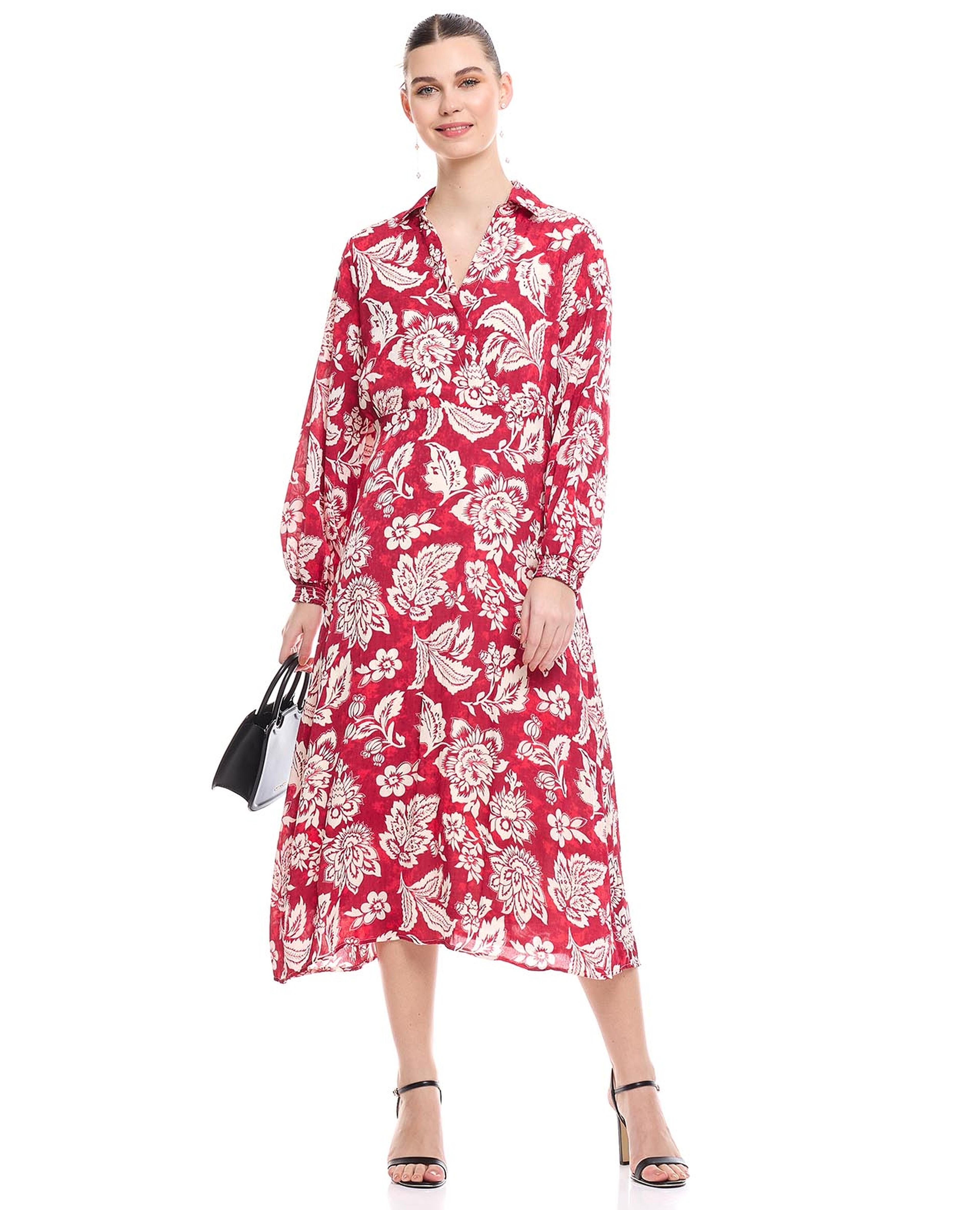 Floral Print A-Line Dress with V-Neck and Bishop Sleeves
