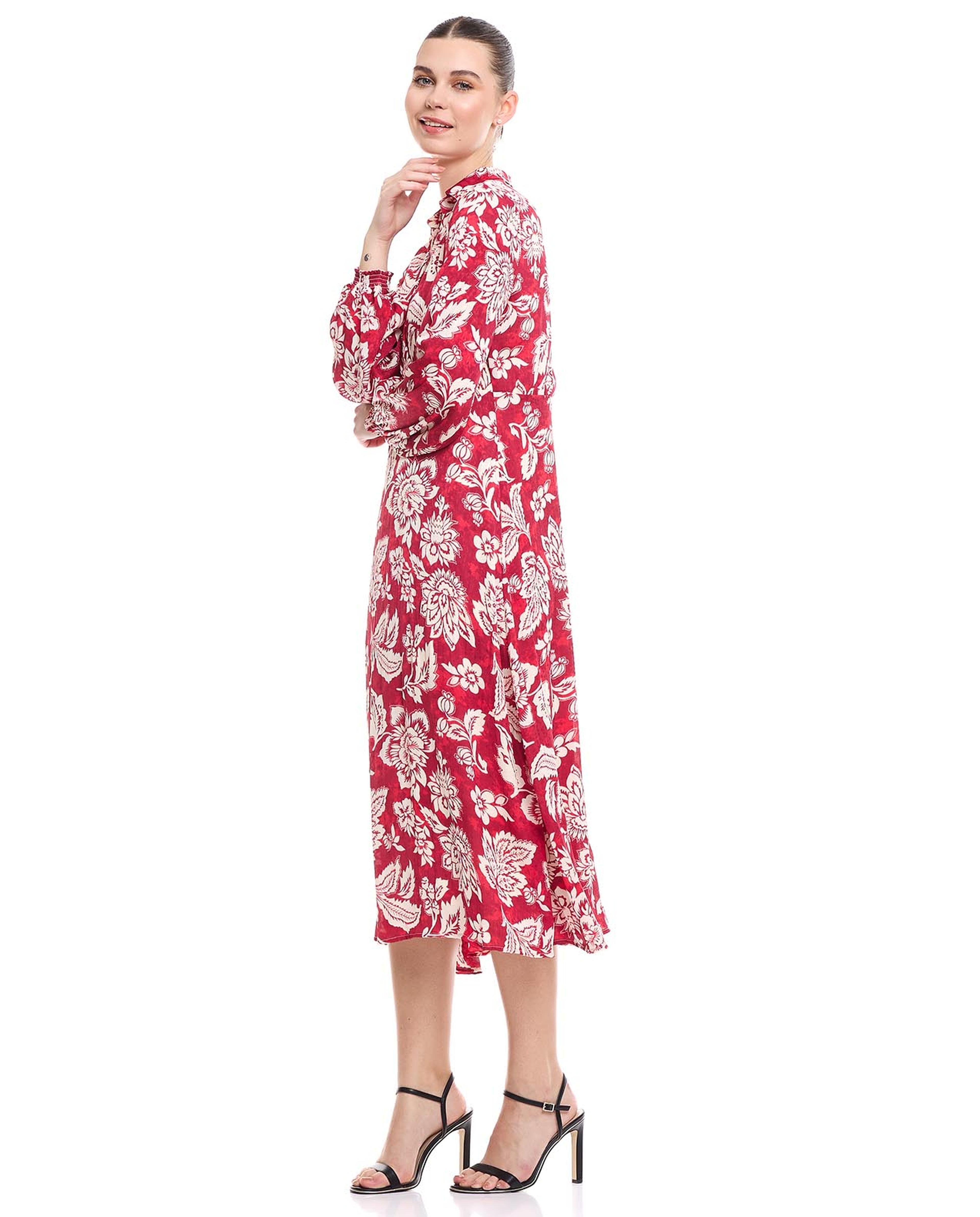 Floral Print A-Line Dress with V-Neck and Bishop Sleeves