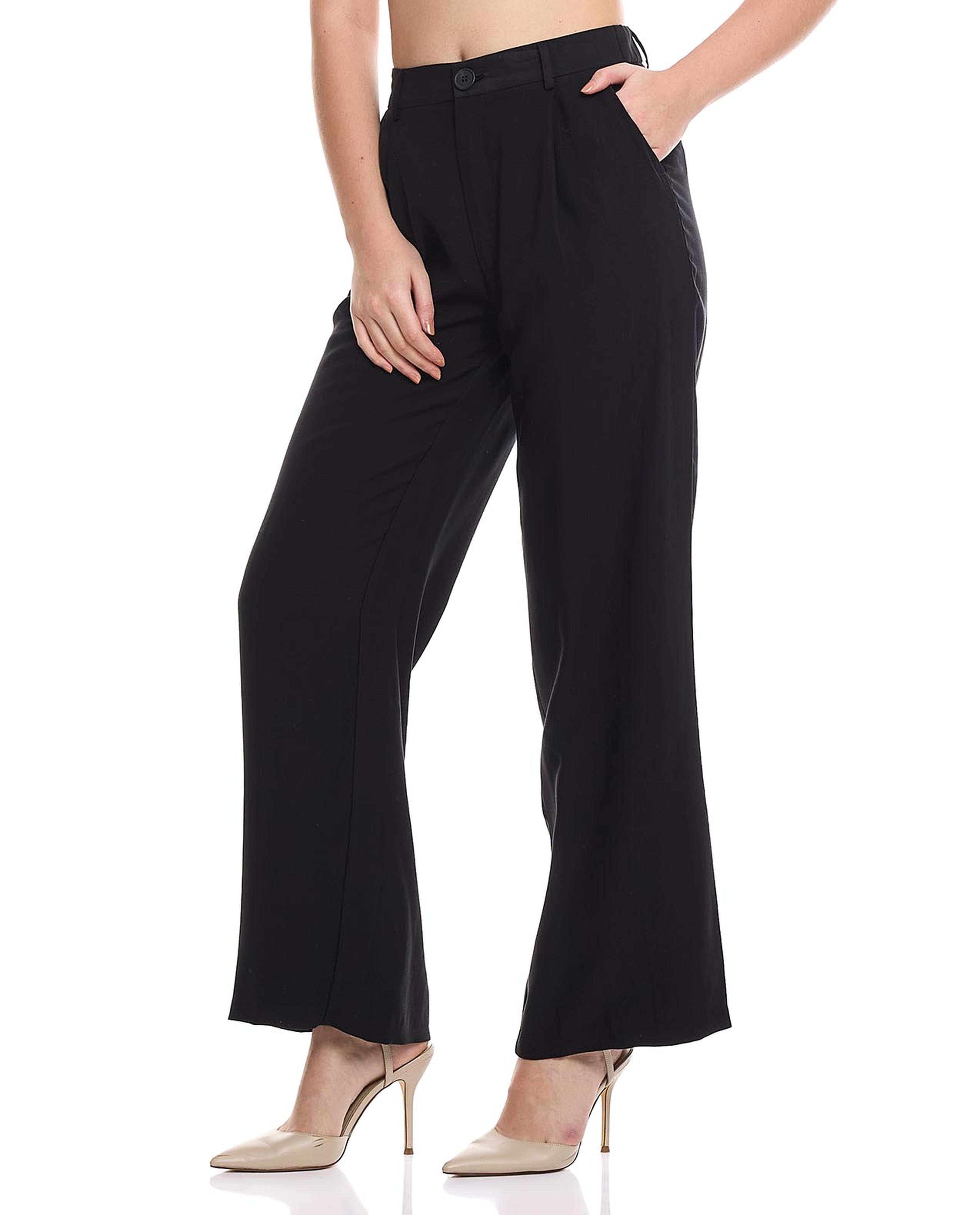 Solid Straight Fit Trousers with Button Closure