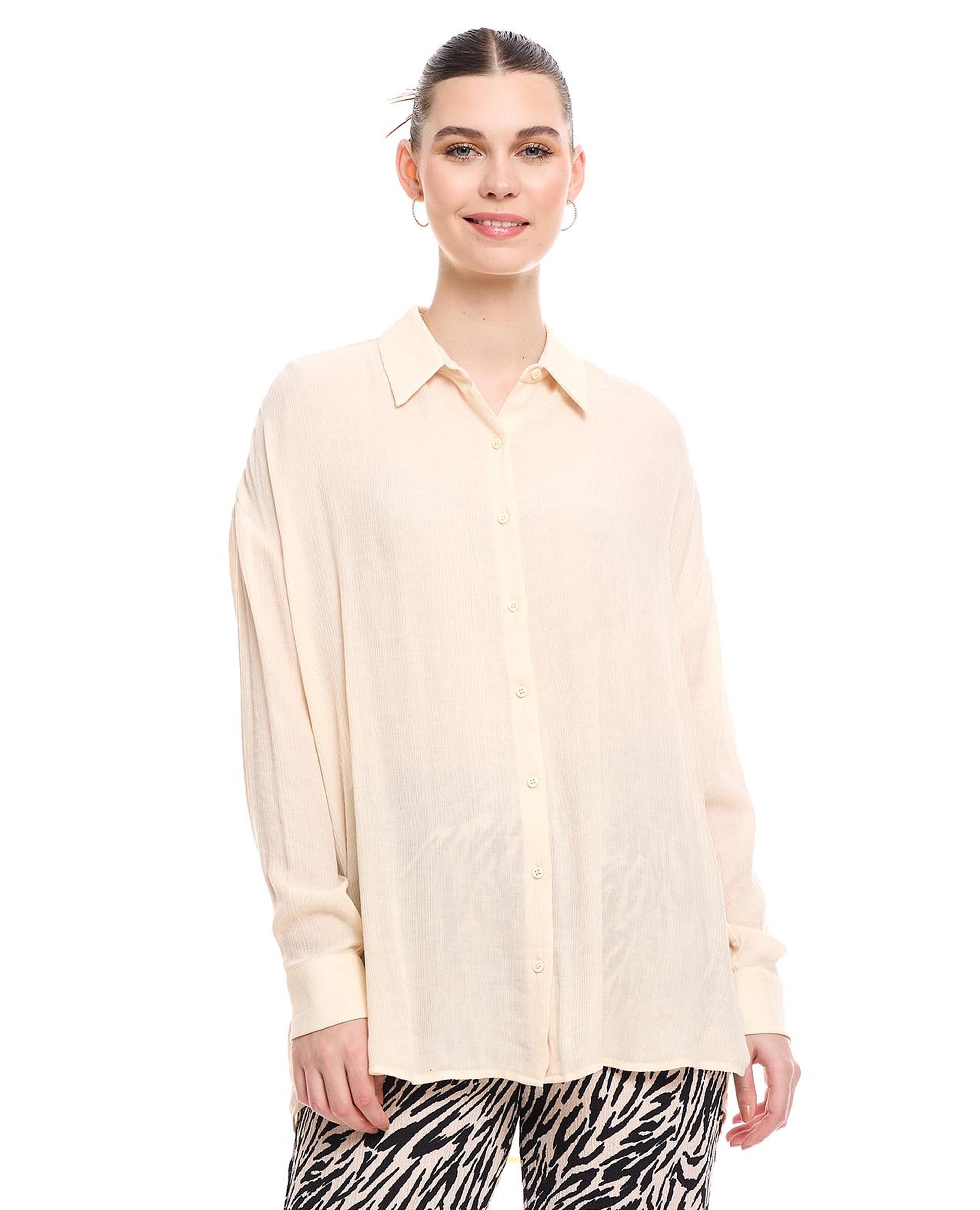 Textured Tunic Shirt with Classic Collar and Long Sleeves