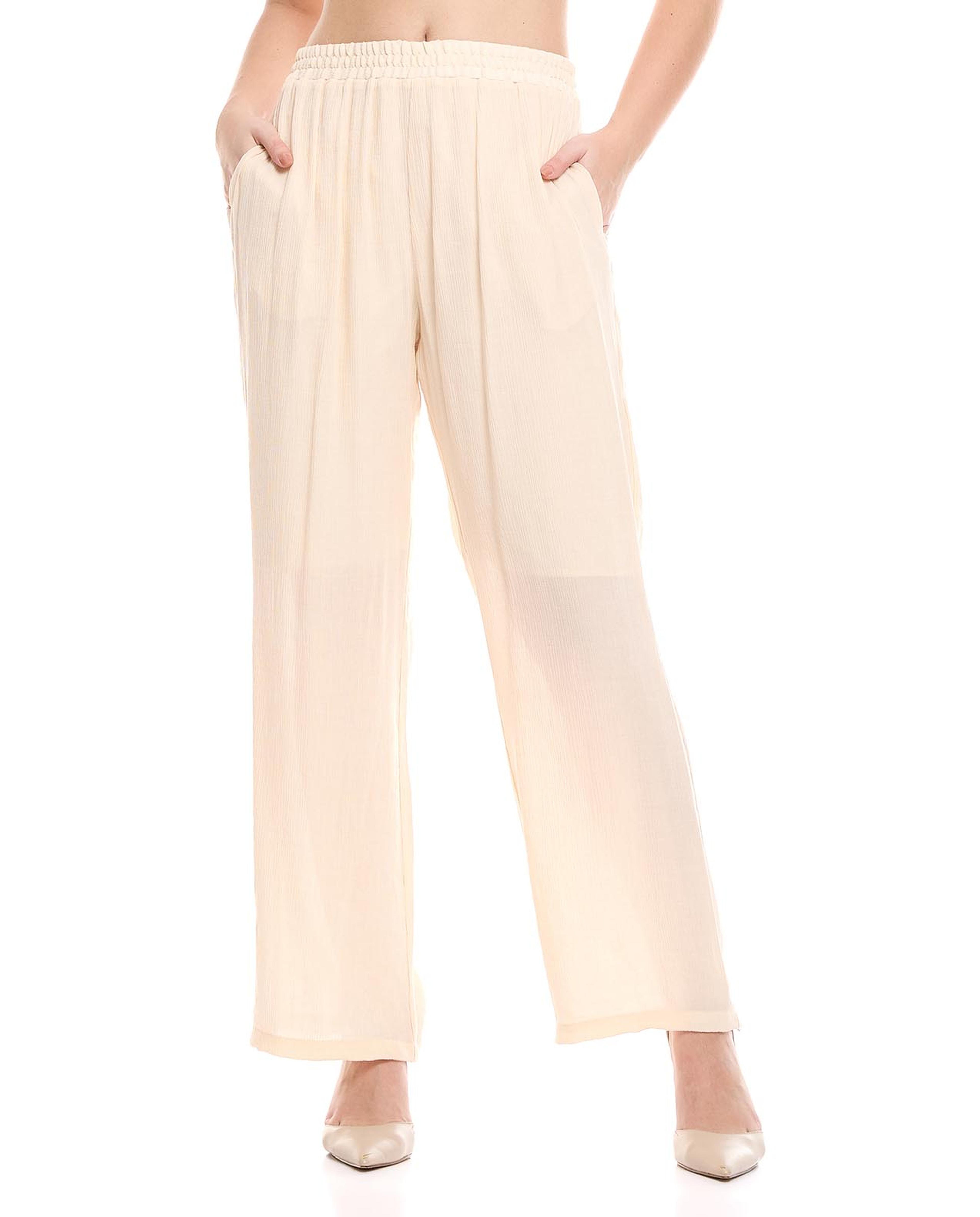 Textured Wide Leg Trousers with Elastic Waist