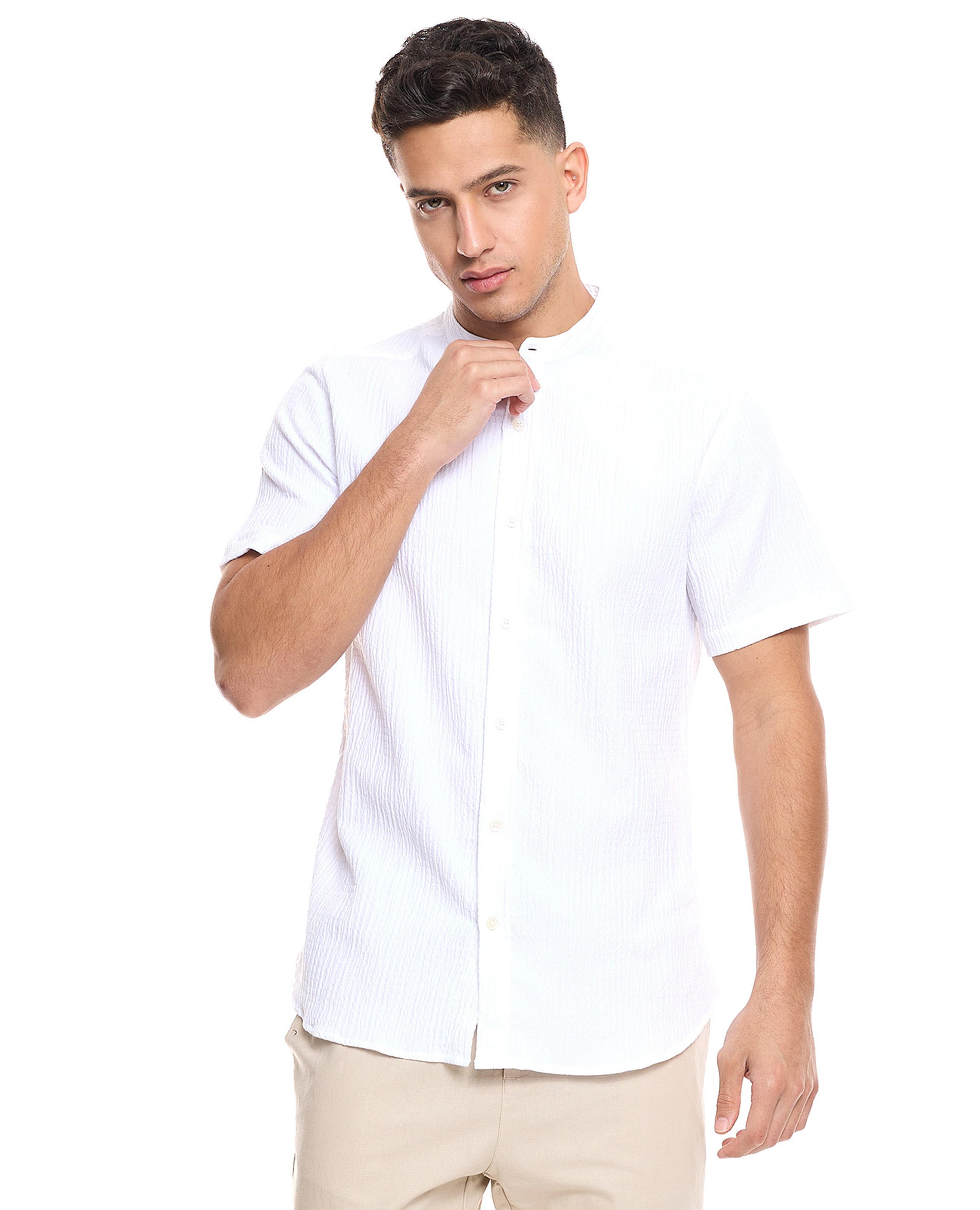 Textured Shirt with Mandarin Collar and Short Sleeves
