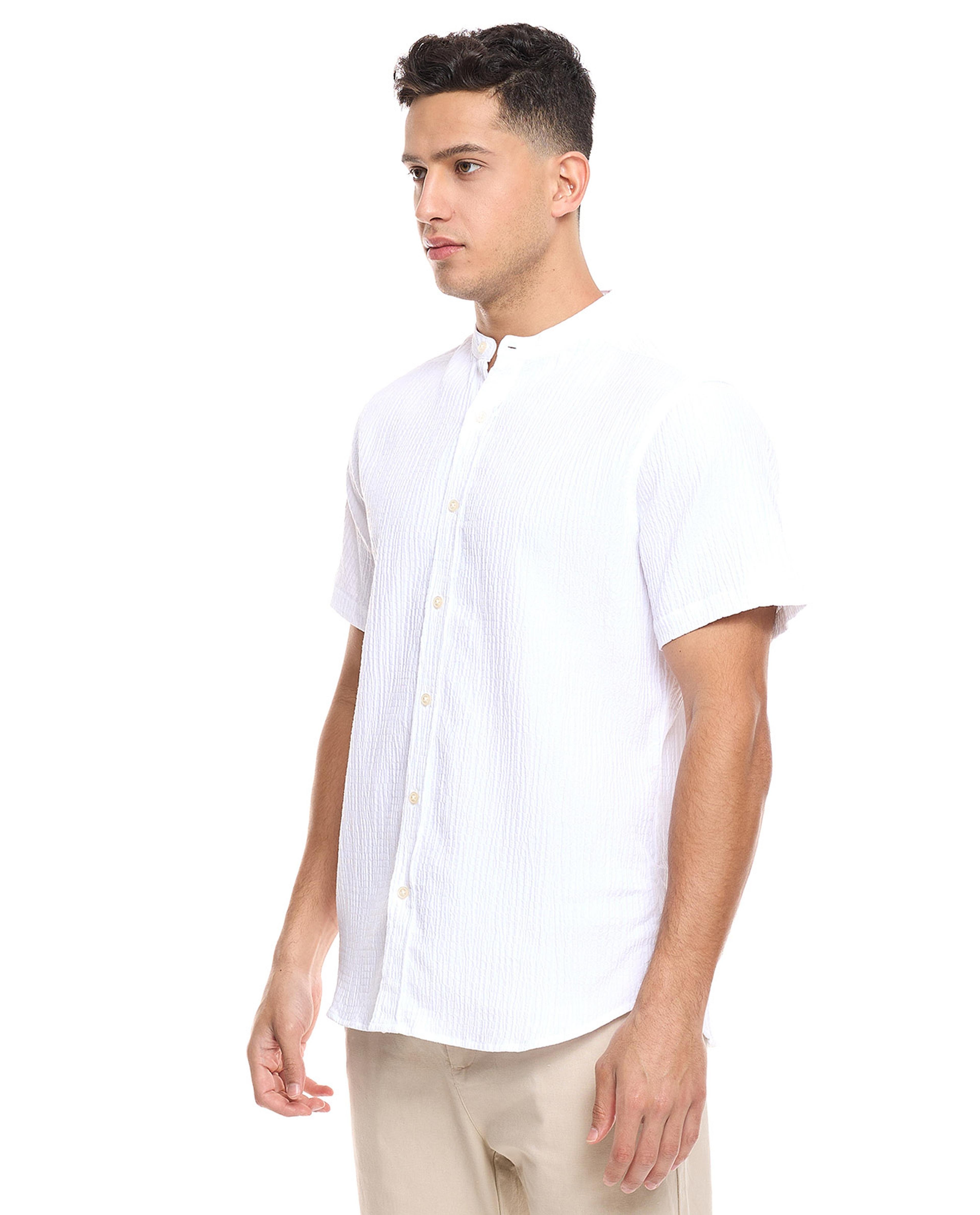 Textured Shirt with Mandarin Collar and Short Sleeves