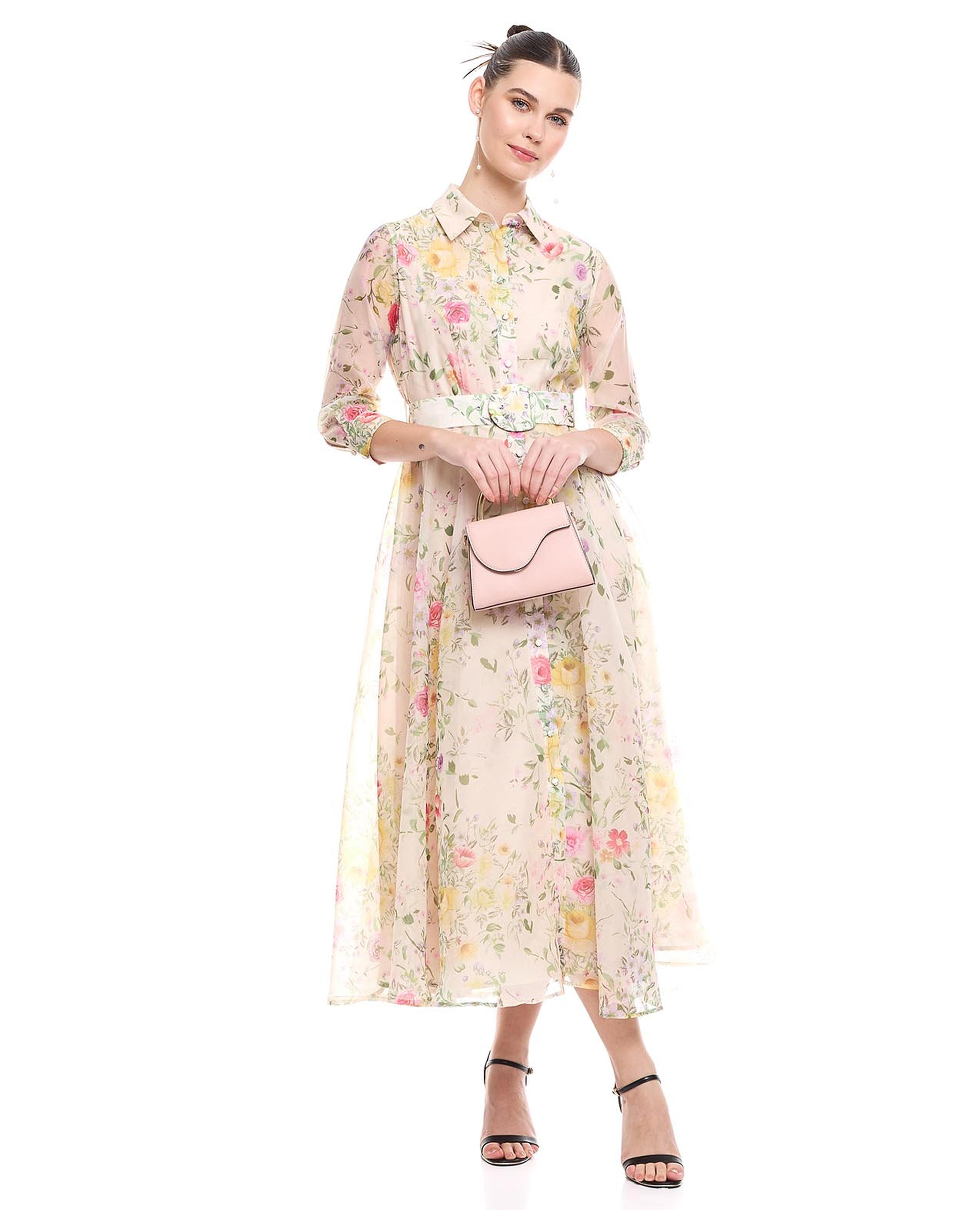 Floral Print Shirt Dress with Classic Neck and 3/4 Sleeves