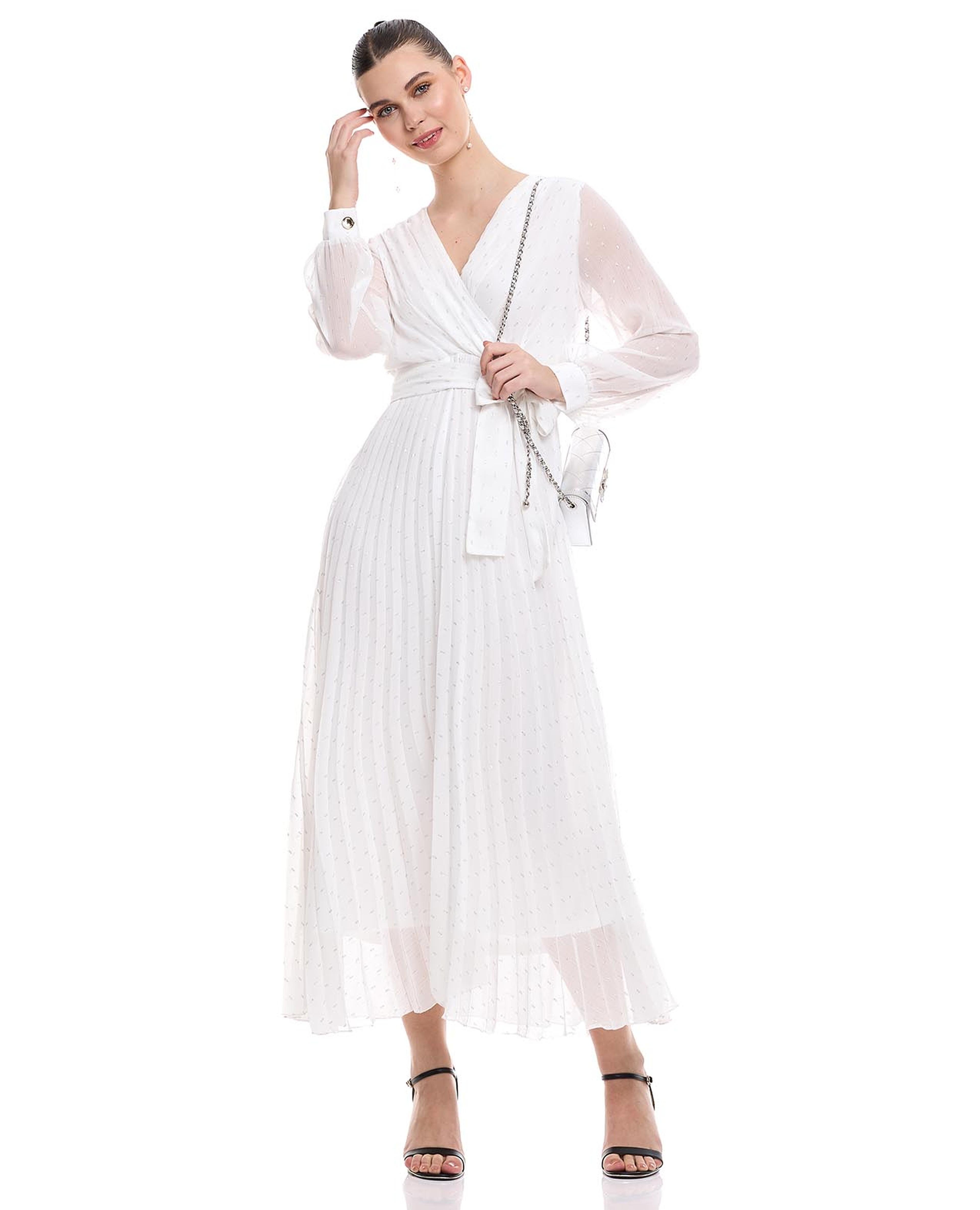 Self Patterned Midaxi Dress with V-Neck and Long Sleeves