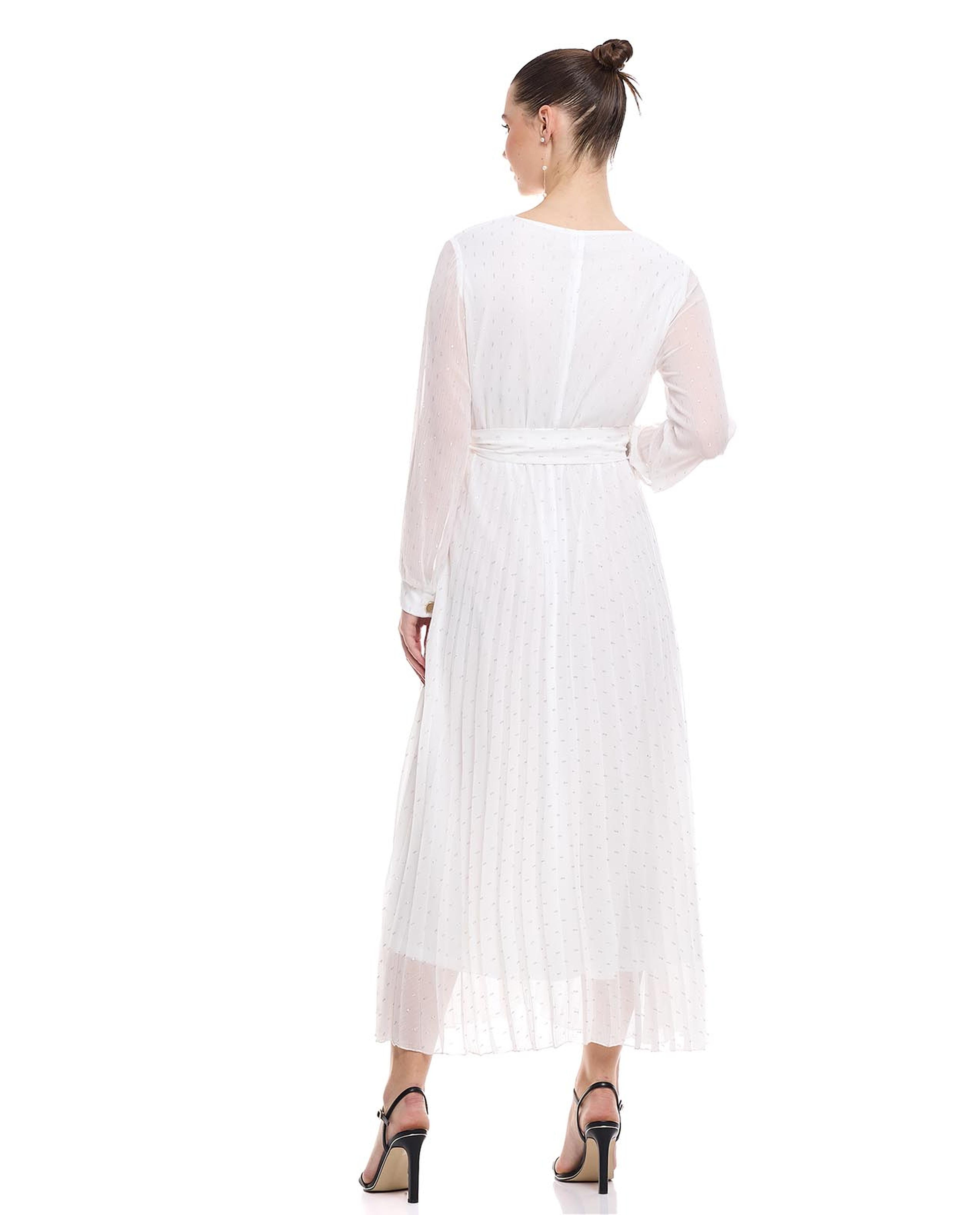 Self Patterned Midaxi Dress with V-Neck and Long Sleeves