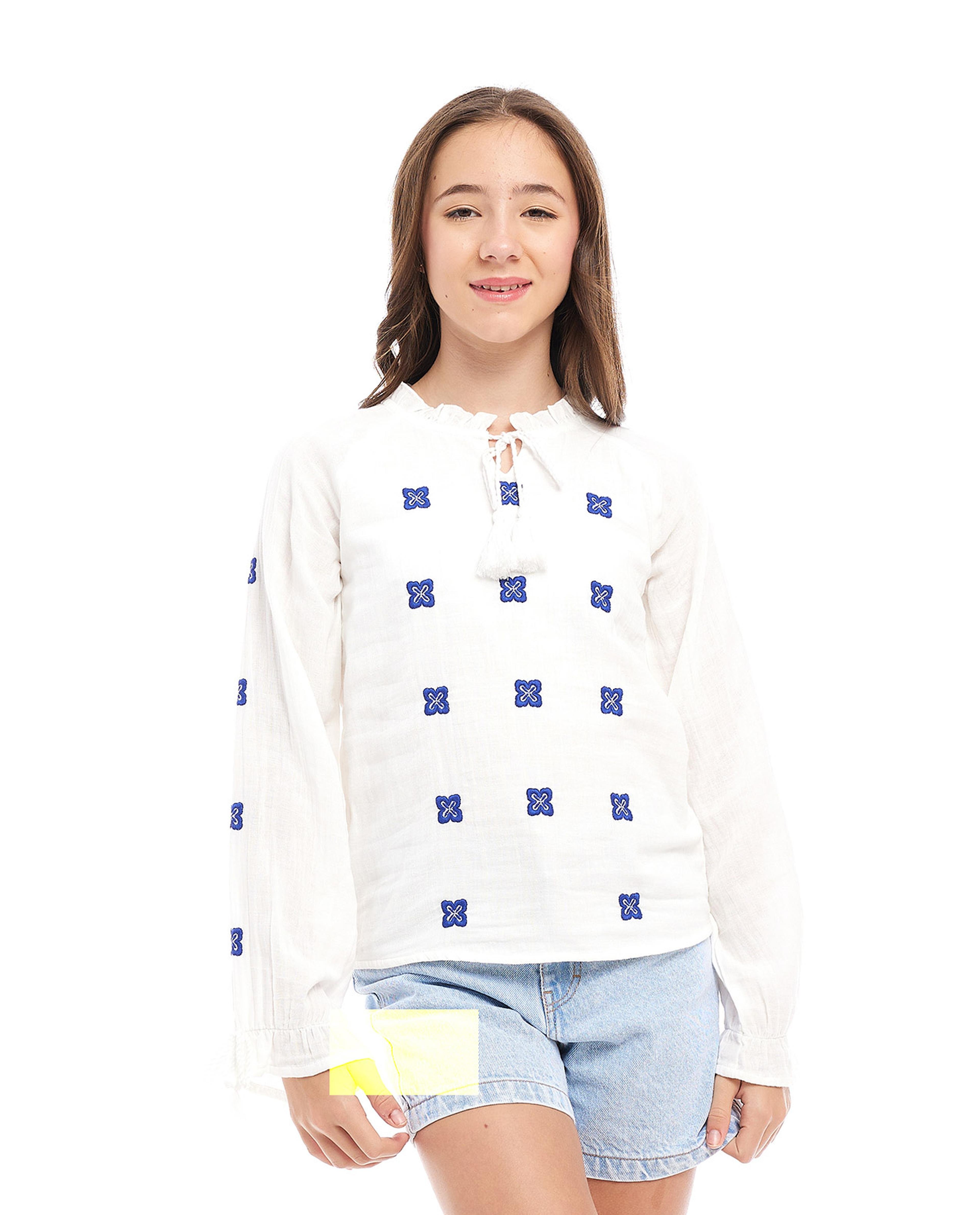 Embroidered Top with Tie-Up Neck and Long Sleeves