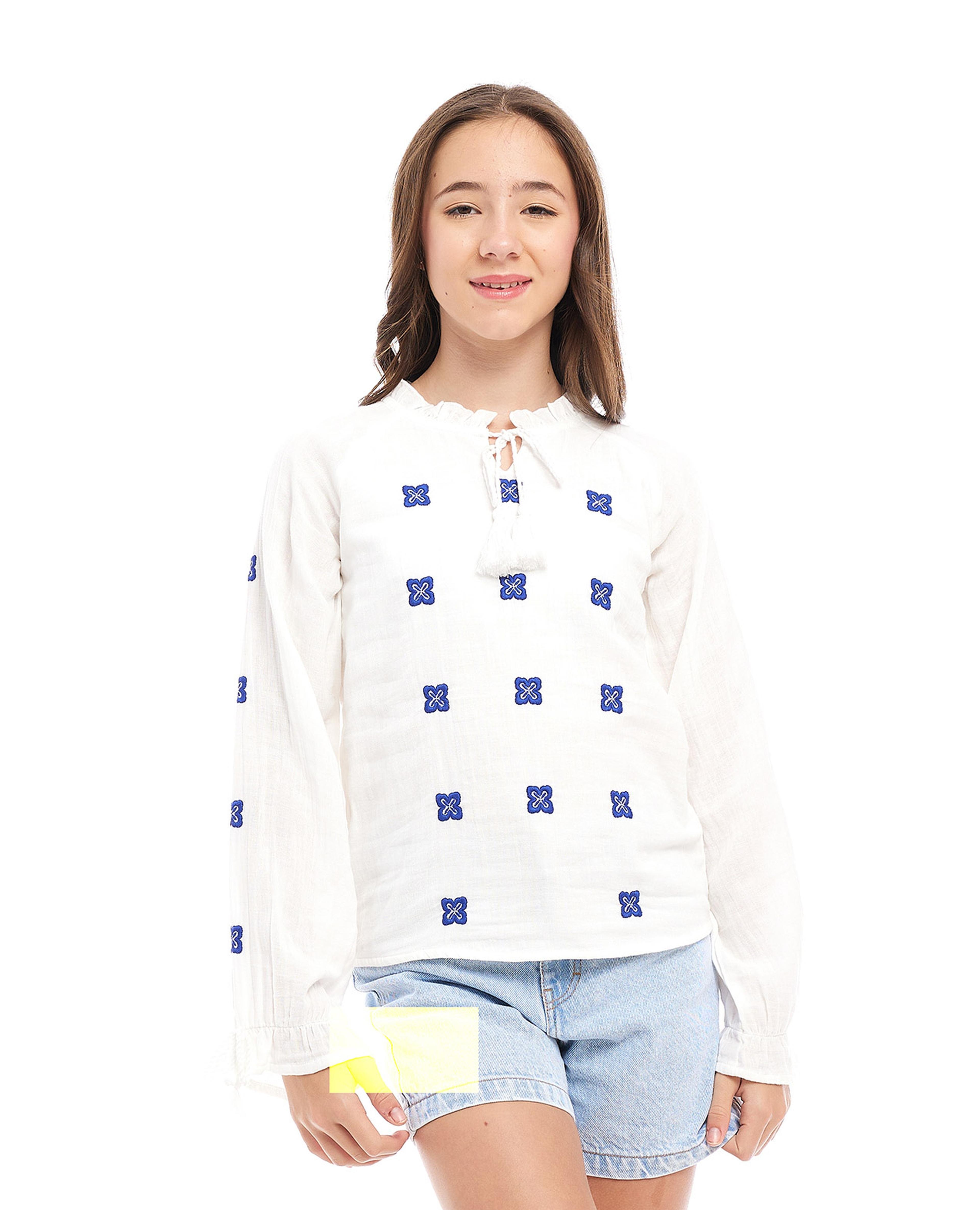 Embroidered Top with Tie-Up Neck and Long Sleeves