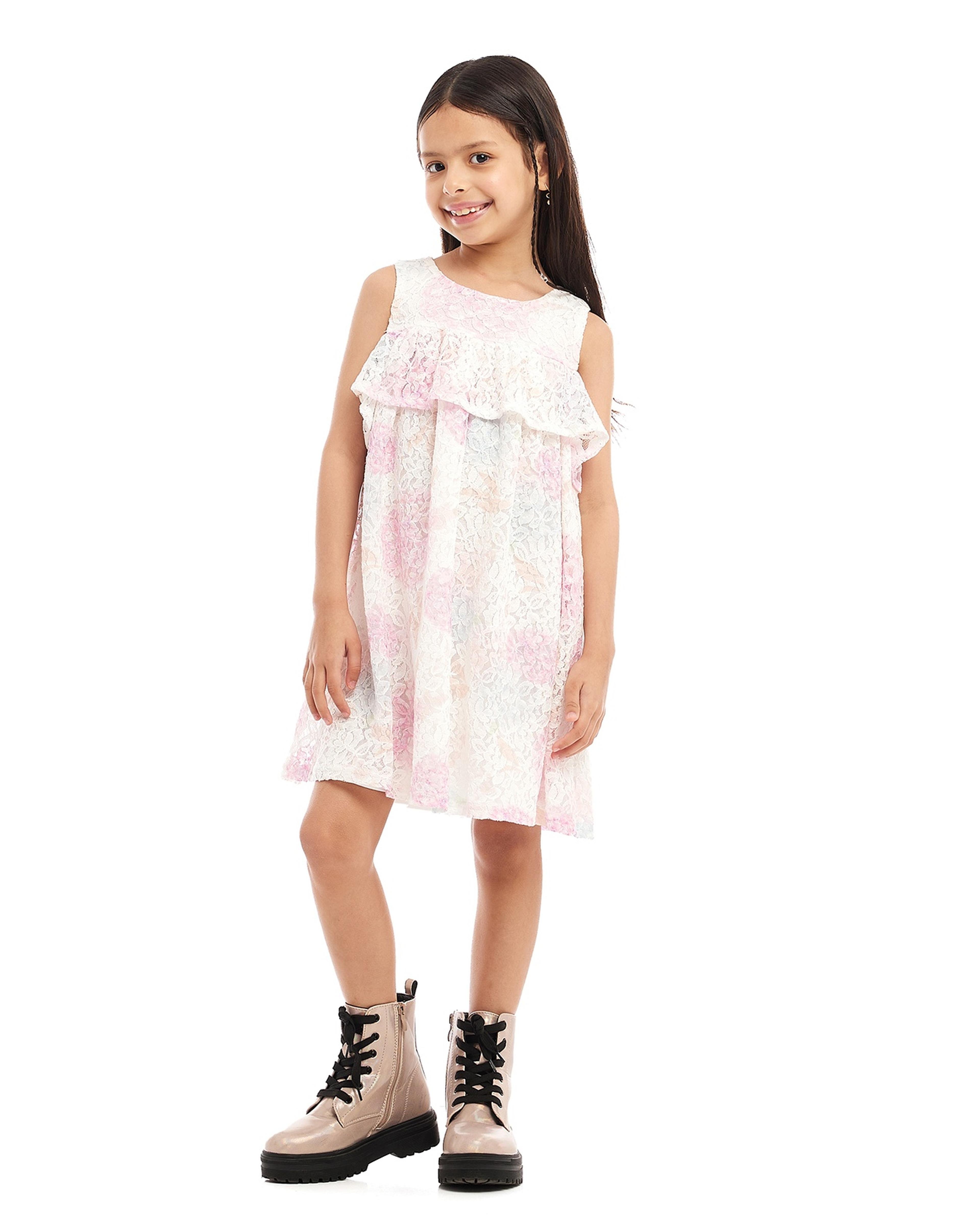 Laced A-Line Sleeveless Dress with Round Neck