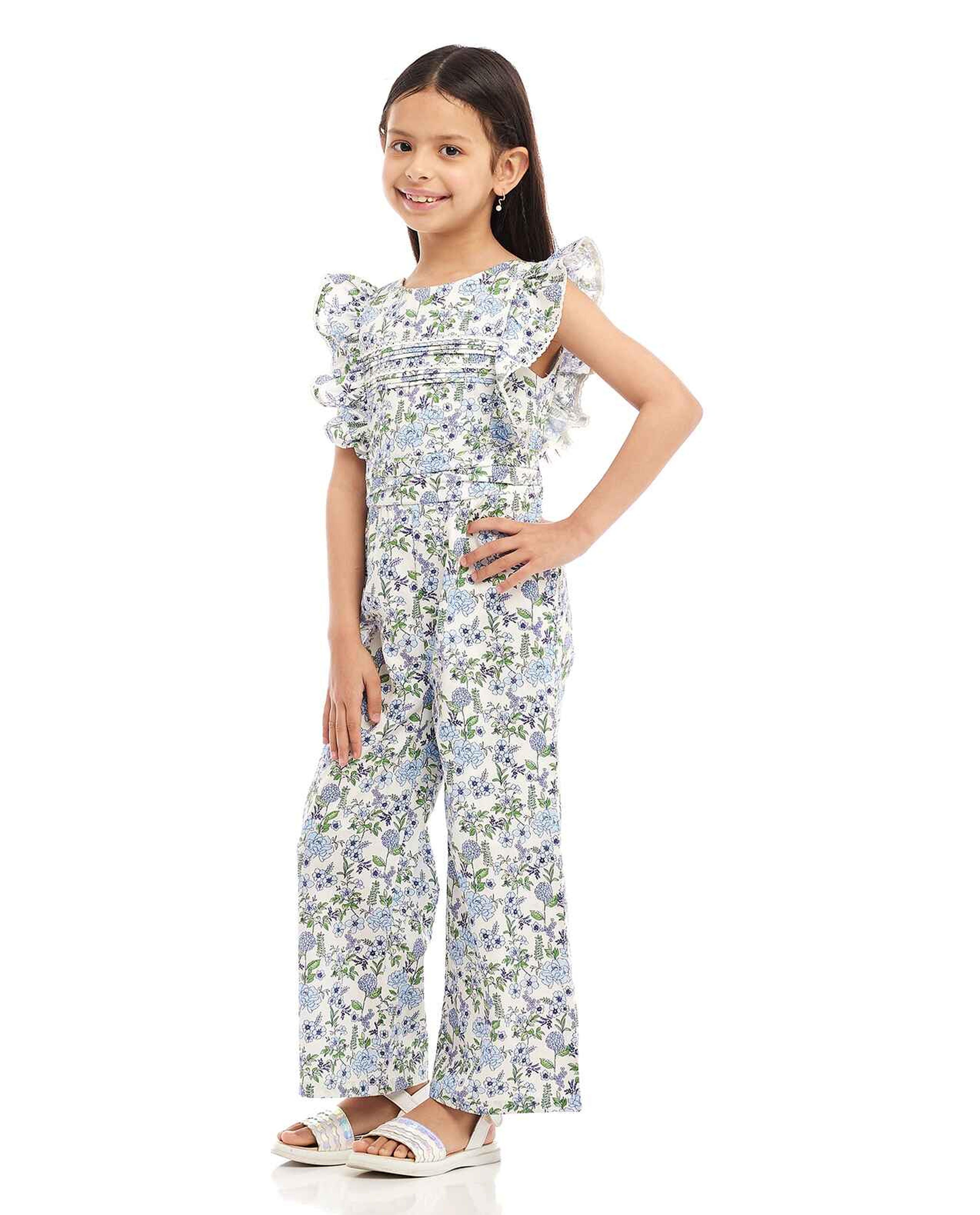 Floral Print Jumpsuit with Square Neck and Flutter Sleeves