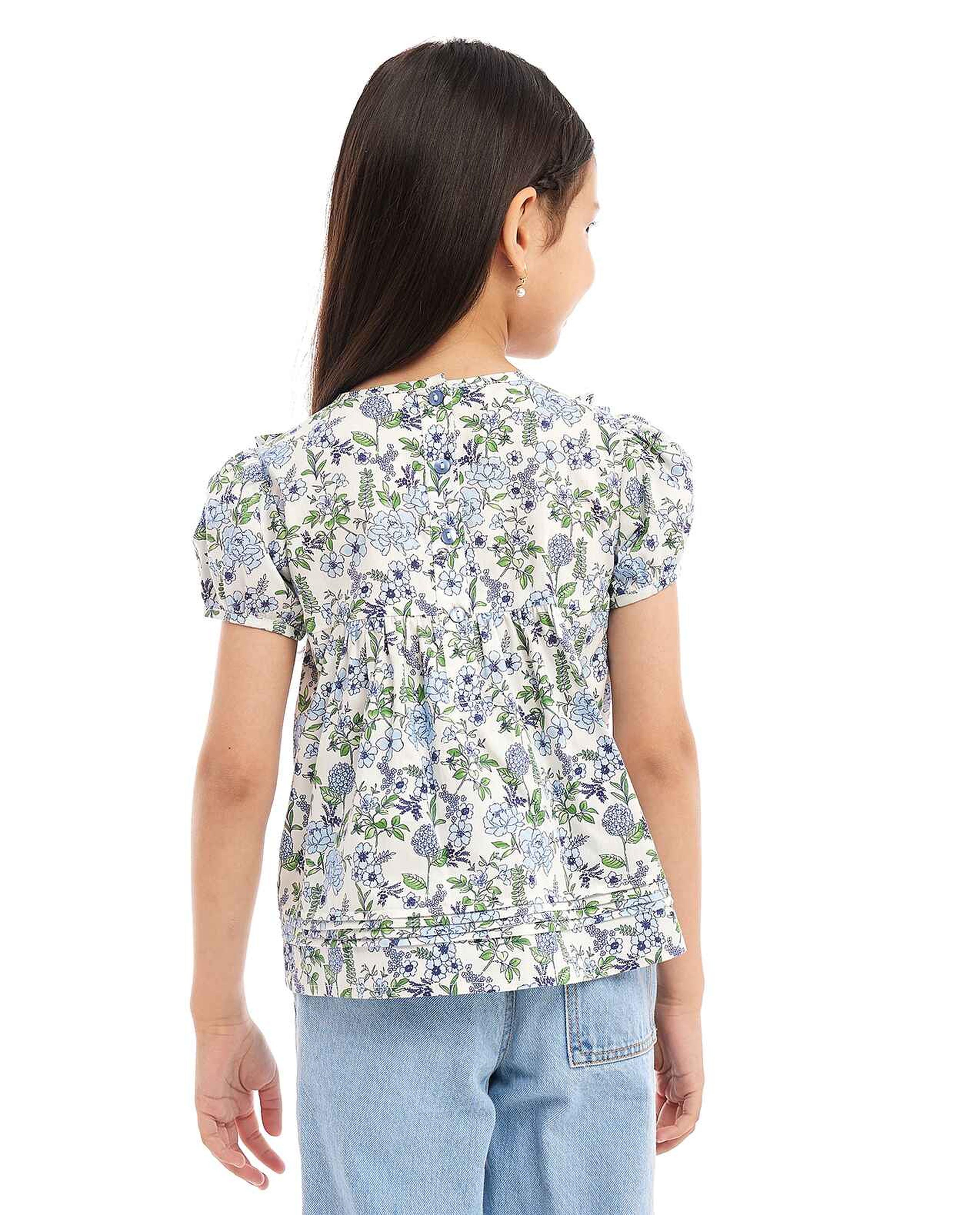 Floral Print Top with Crew Neck and Puff Sleeves