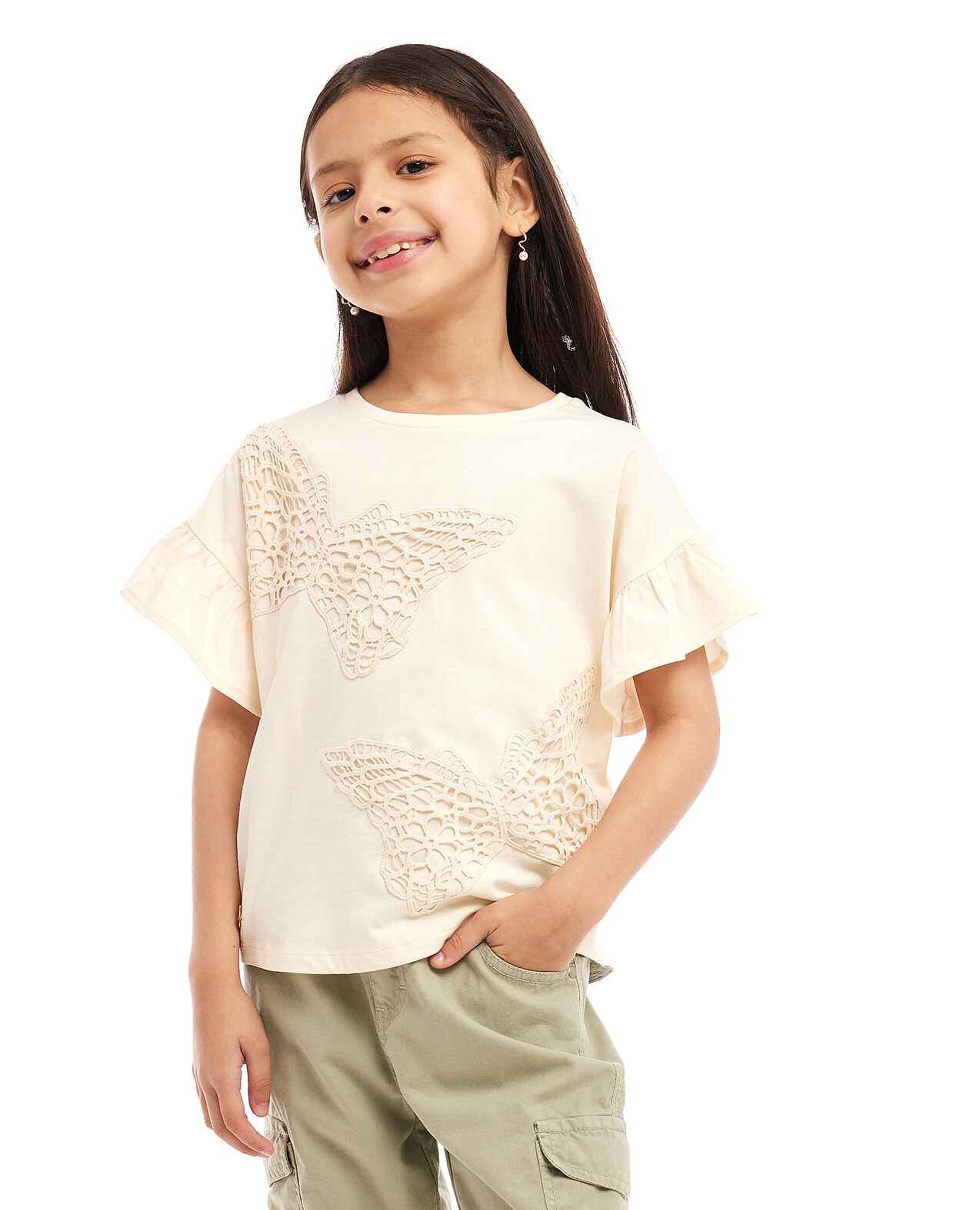 Cutwork Detail Top with Crew Neck and Short Sleeves