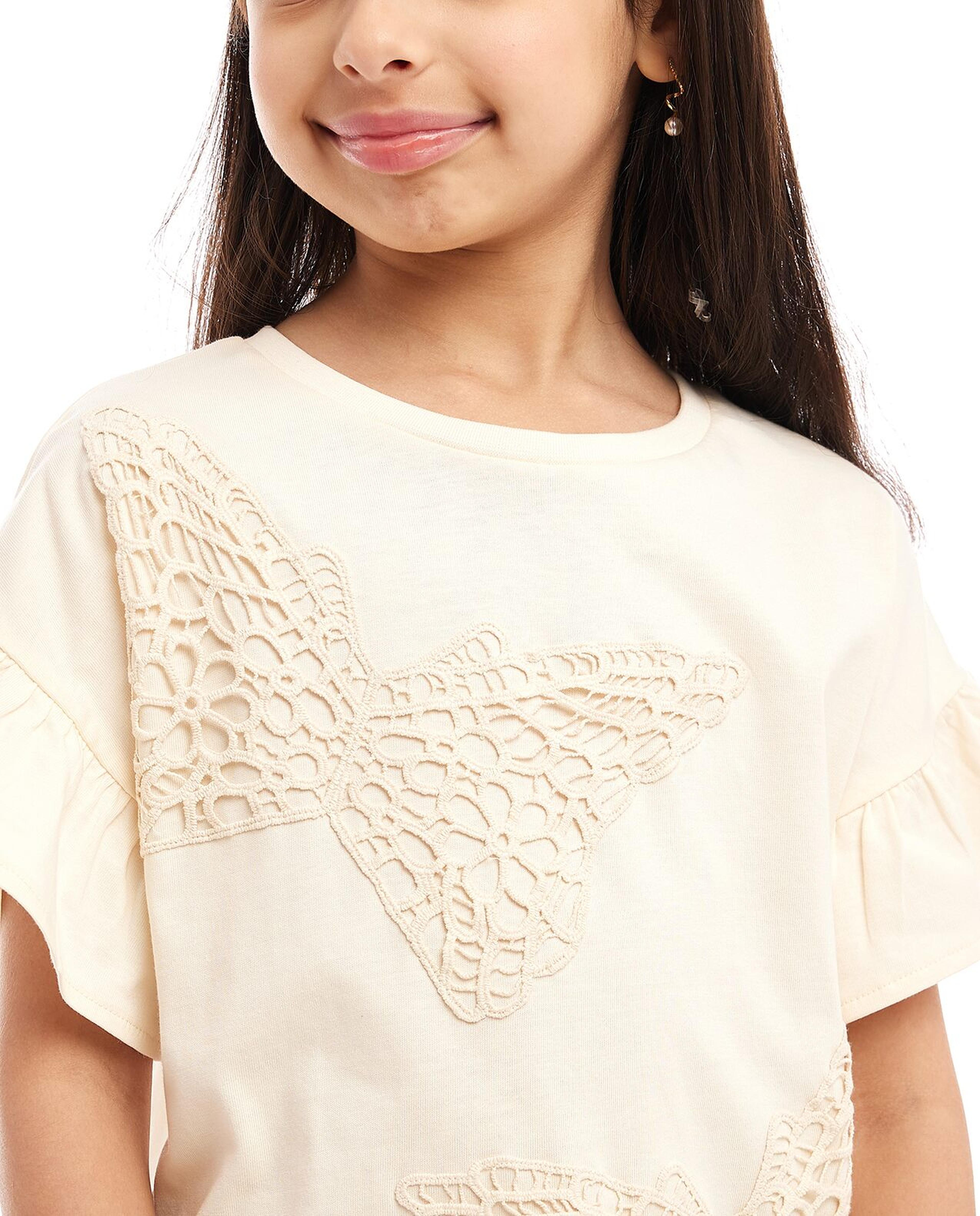 Cutwork Detail Top with Crew Neck and Short Sleeves