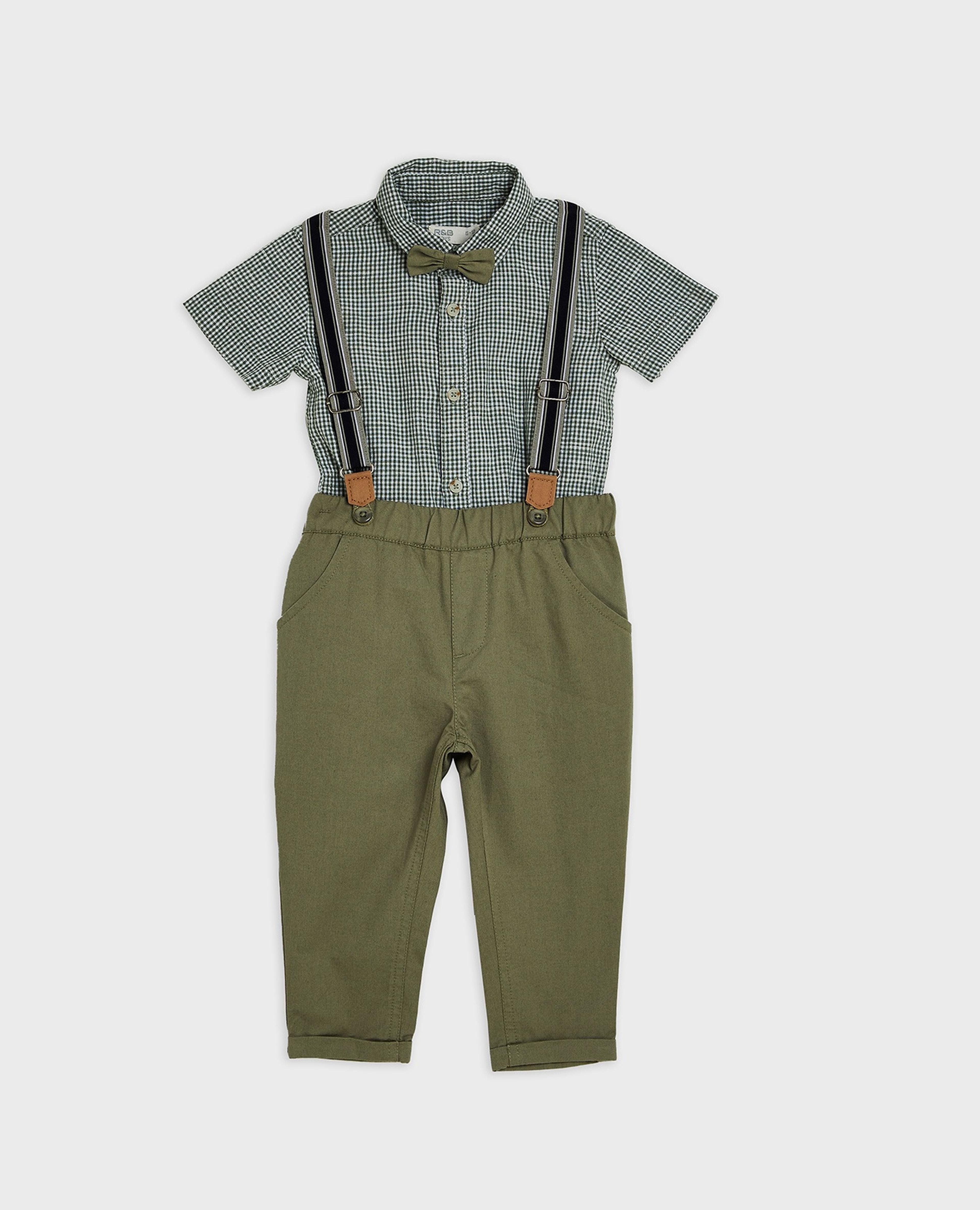 Solid Shirt and Trousers Set with Suspenders