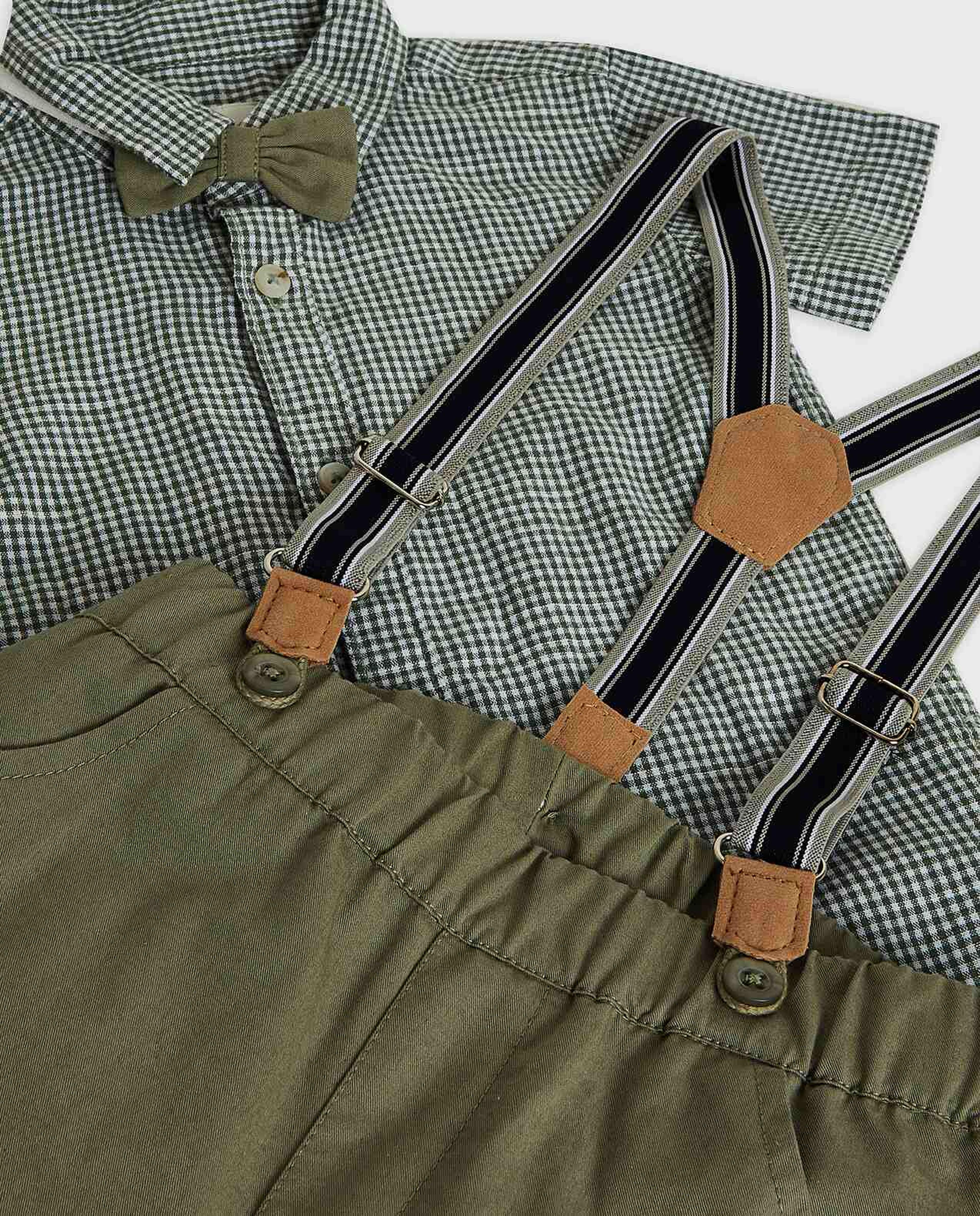 Solid Shirt and Trousers Set with Suspenders