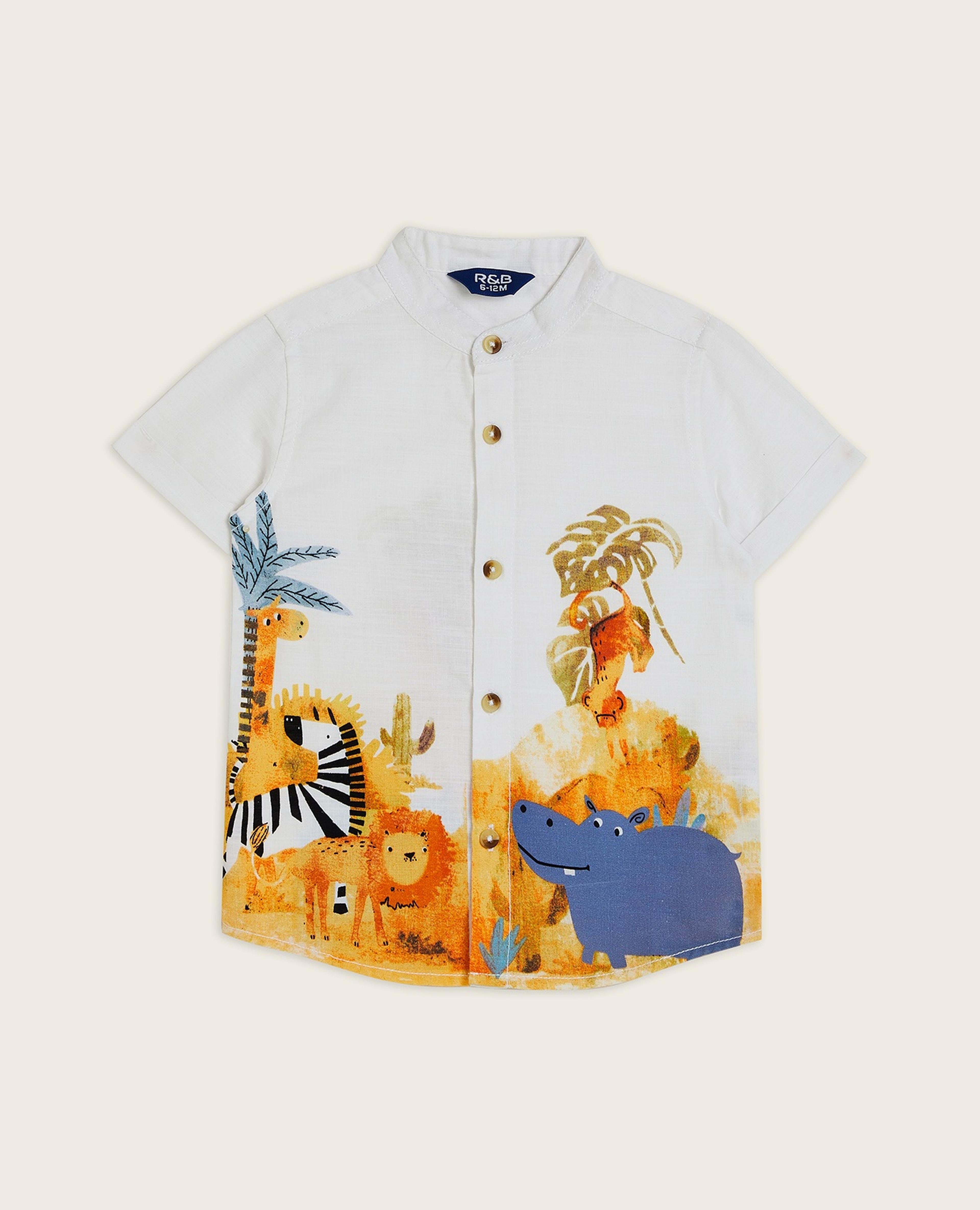 Printed Shirt with Mandarin Collar and Short Sleeves