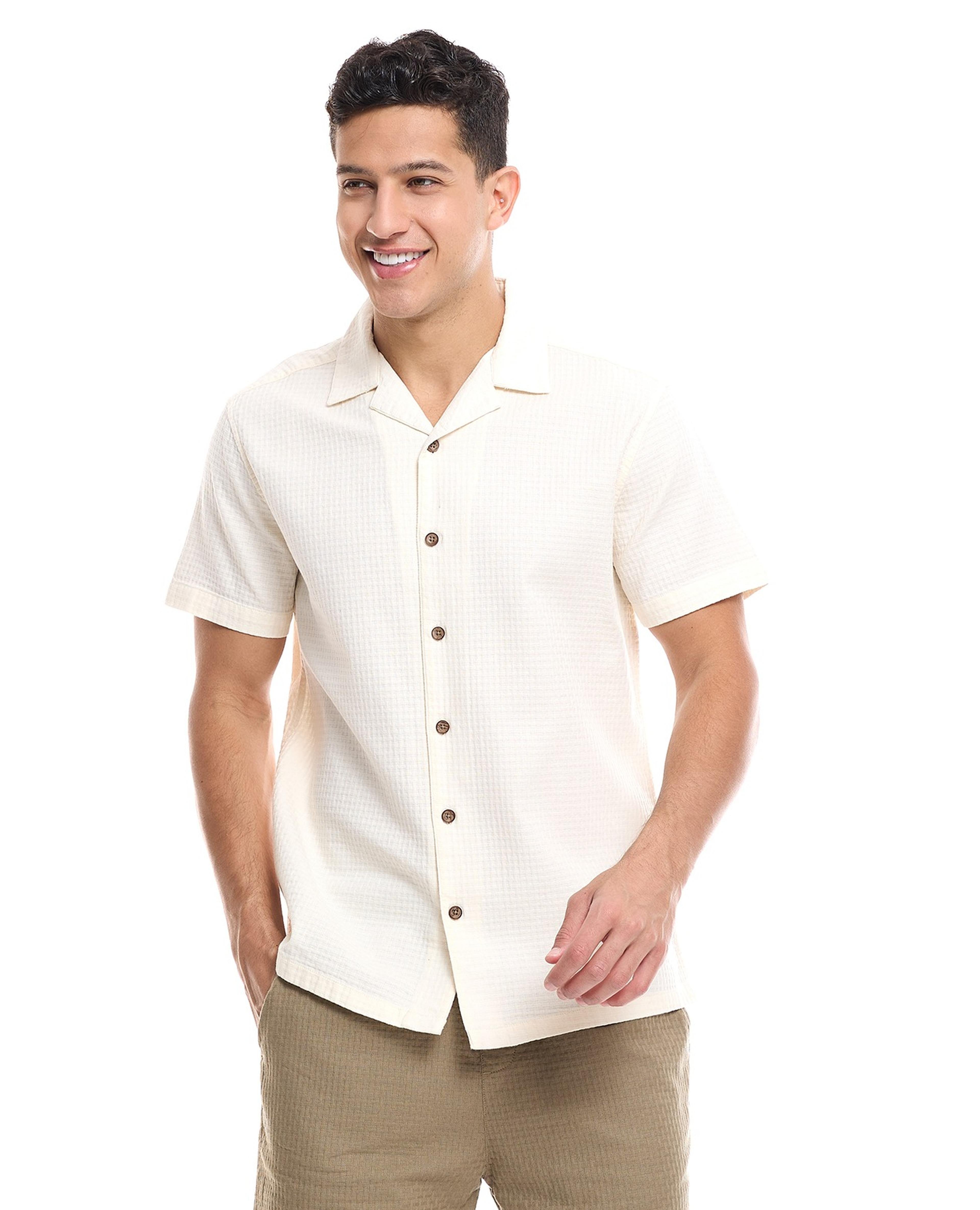 Solid Shirt with Revere Collar and Short Sleeves