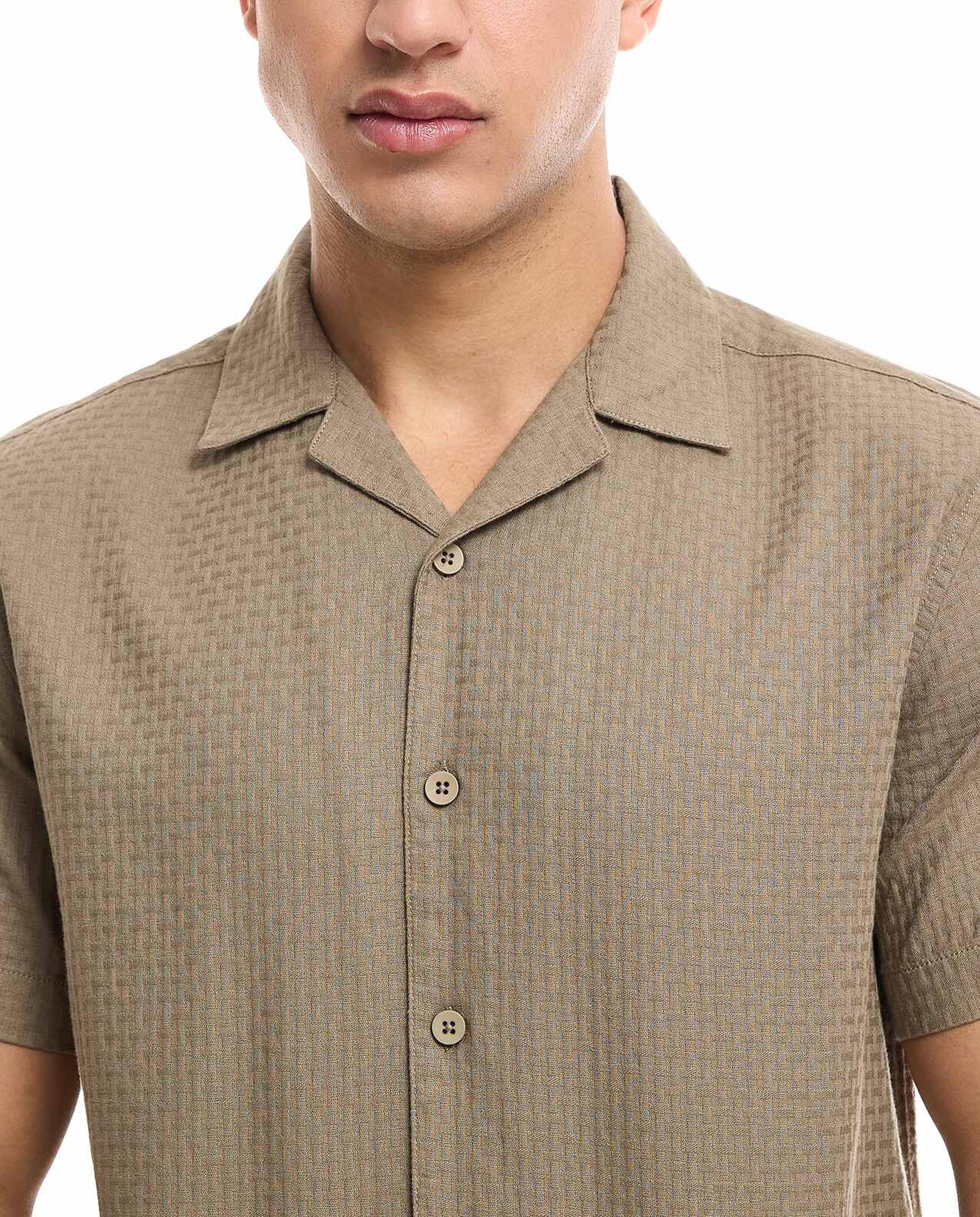 Solid Shirt with Revere Collar and Short Sleeves